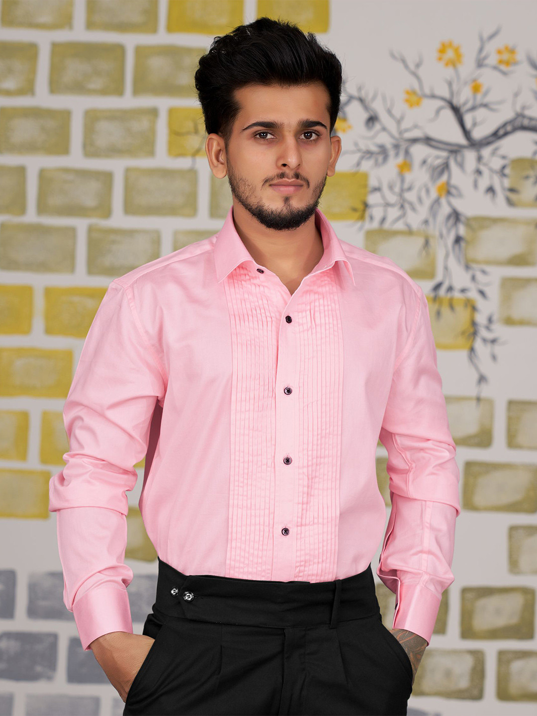 

FRENCH CROWN Standard Cutaway Collar Pleated Cotton Formal Shirt, Pink