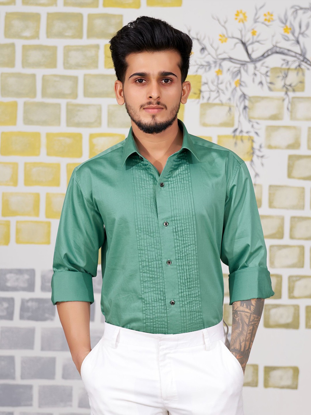 

FRENCH CROWN Cotton Spread Collar Standard Casual Shirt, Green