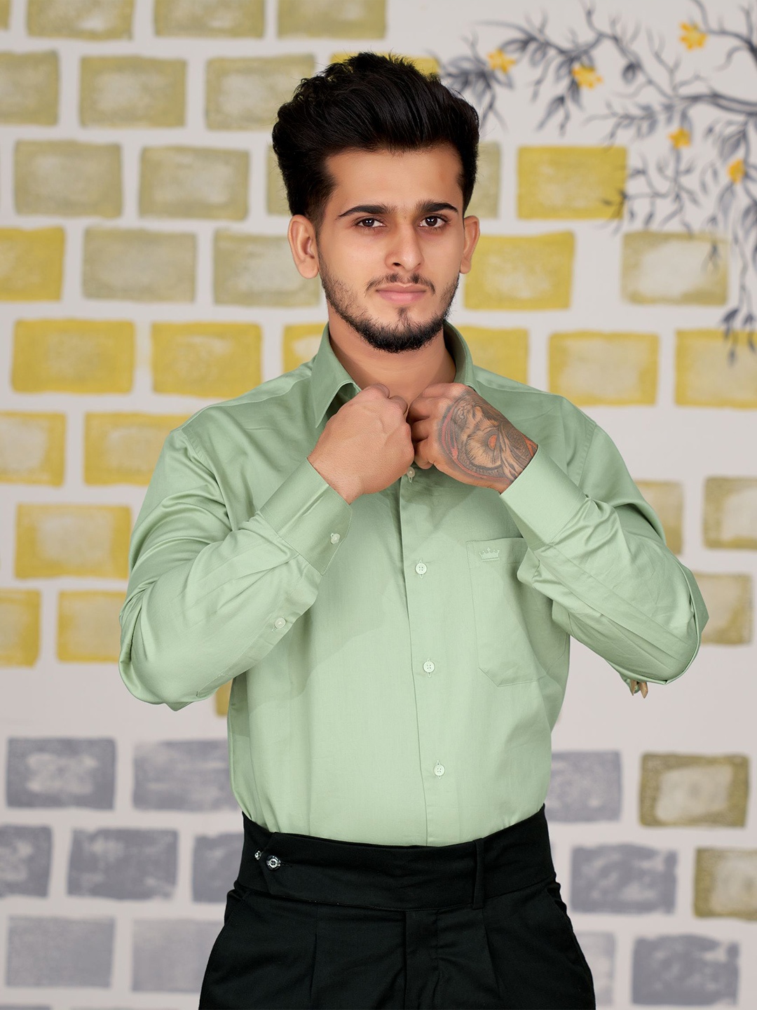 

FRENCH CROWN Standard Casual Twill Pure Cotton Shirt, Green