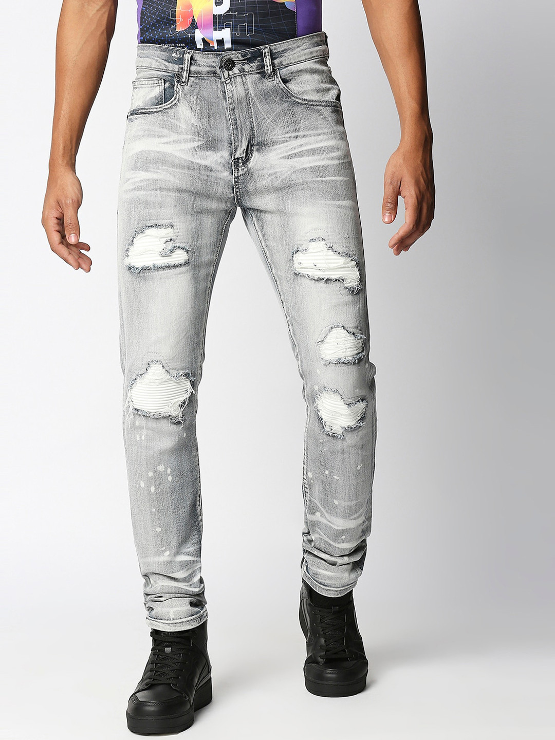 

WAIMEA Men Skinny Fit Highly Distressed Heavy Fade Bleached Stretchable Jeans, Navy blue