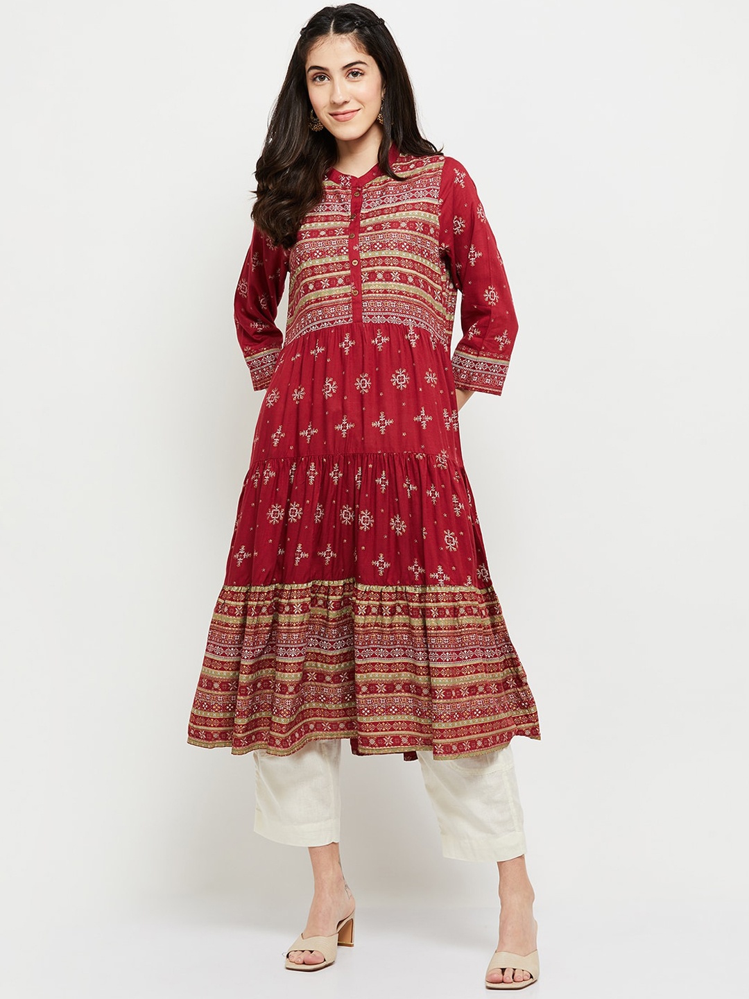 

max Band Collar Ethnic Motifs Foil Printed A-Line Kurta, Red