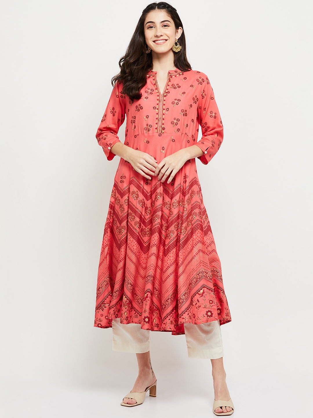 

max Band Collar Floral Foil Printed A-Line Kurta, Peach