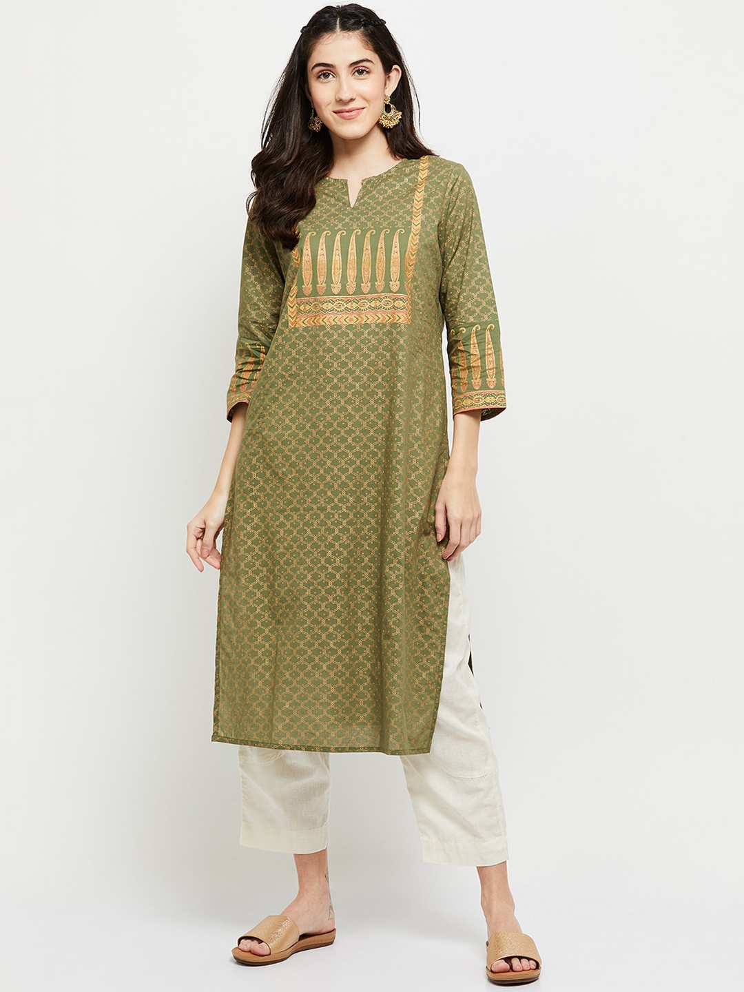 

max Band Collar Ethnic Motifs Printed Cotton Kurta, Green