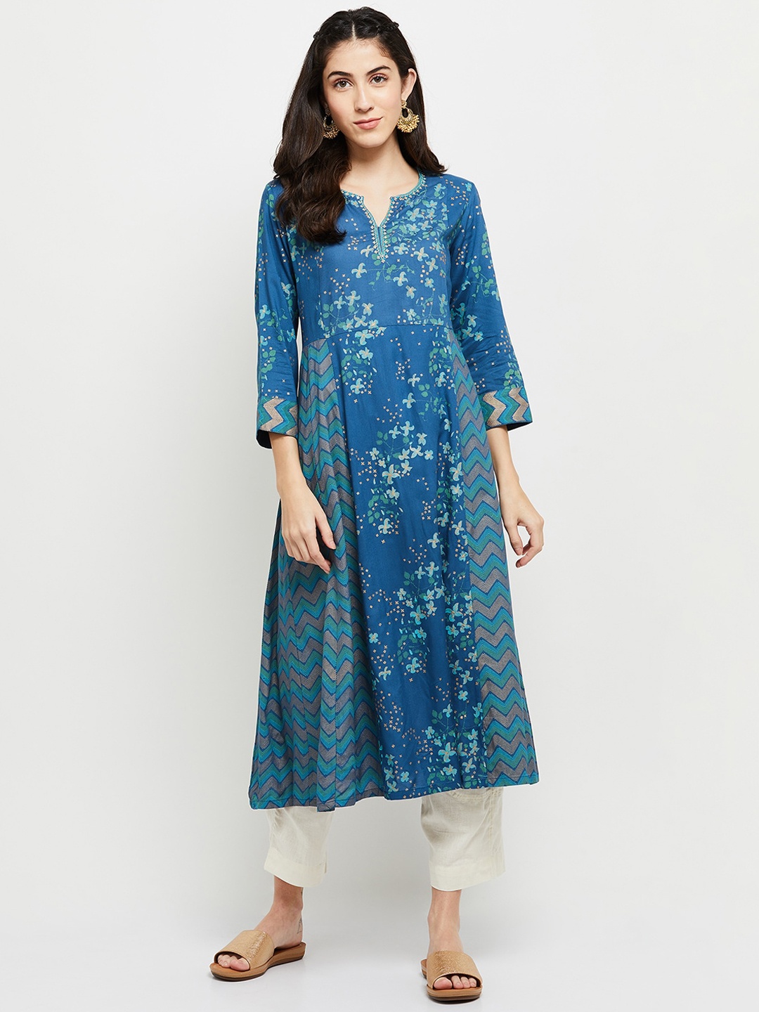 

max Floral Printed Notch Neck Anarkali Kurta, Blue