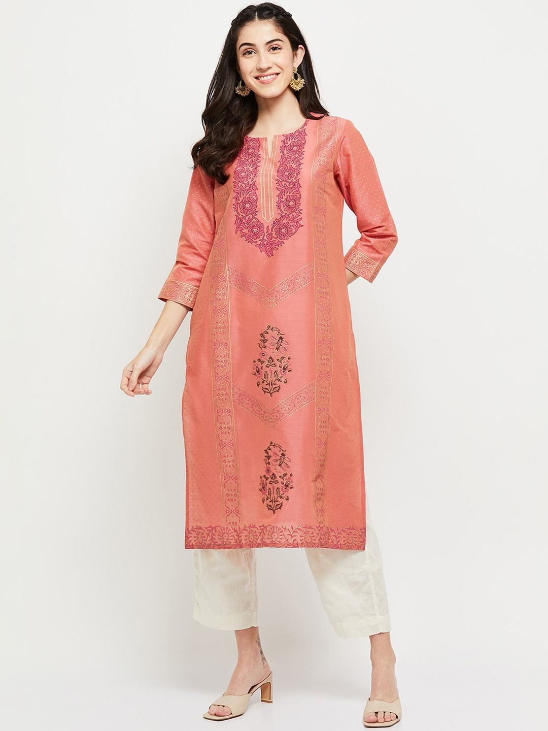 

max Ethnic Motifs Printed Notch Neck Straight Kurta, Peach