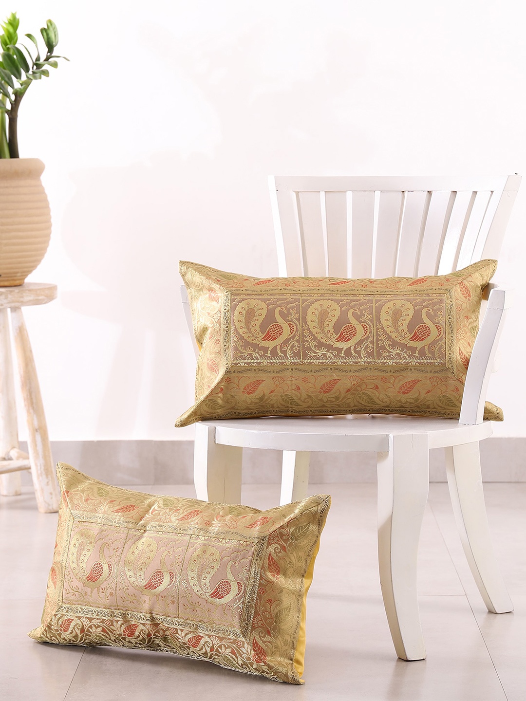 

HANDICRAFT PALACE Beige & Gold-Toned Set of 2 Ethnic Motifs Silk Rectangle Cushion Covers