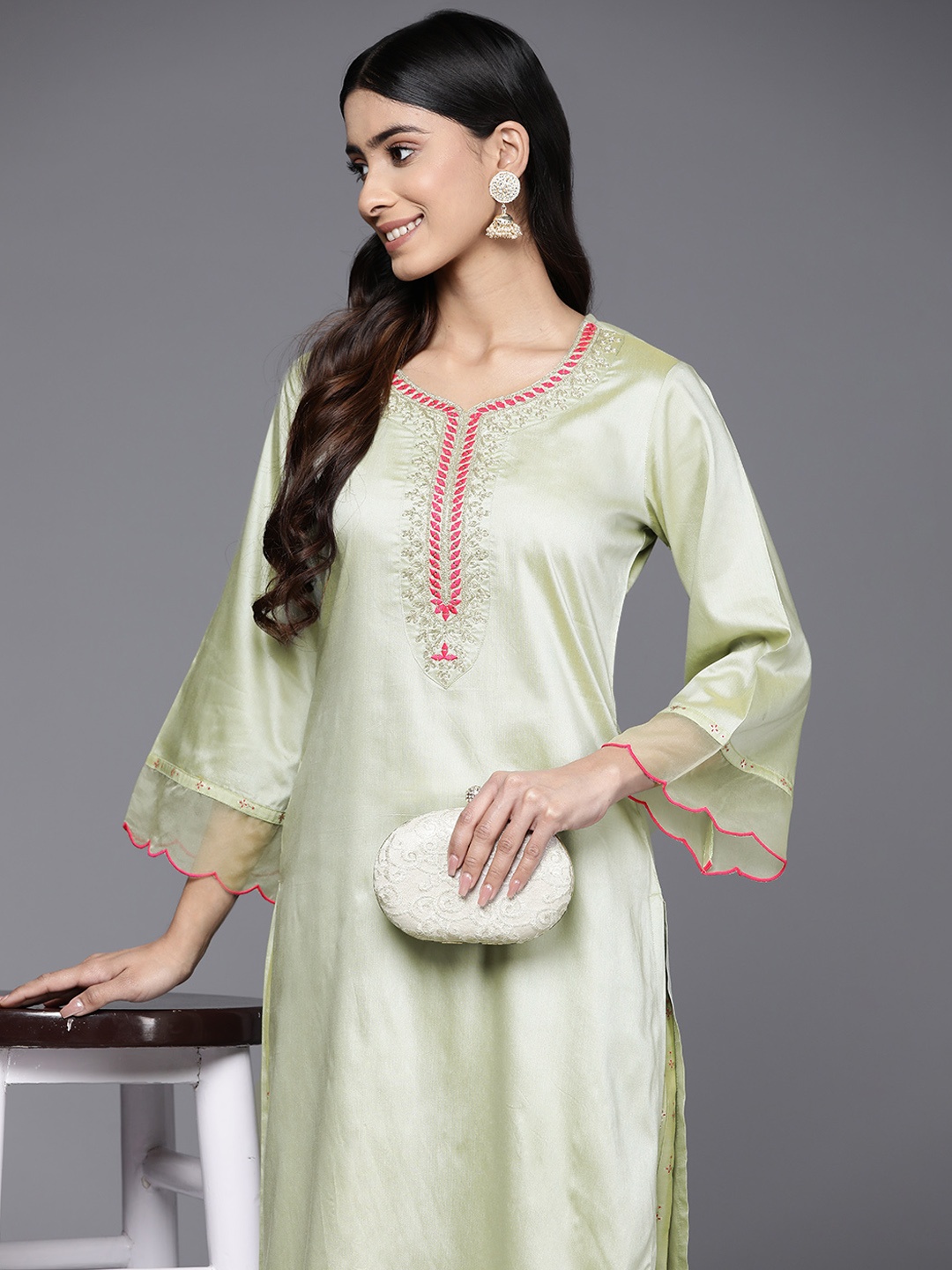 

Inddus Ethnic Motifs Yoke Design Flared Sleeves Kurta With Palazzos, Green