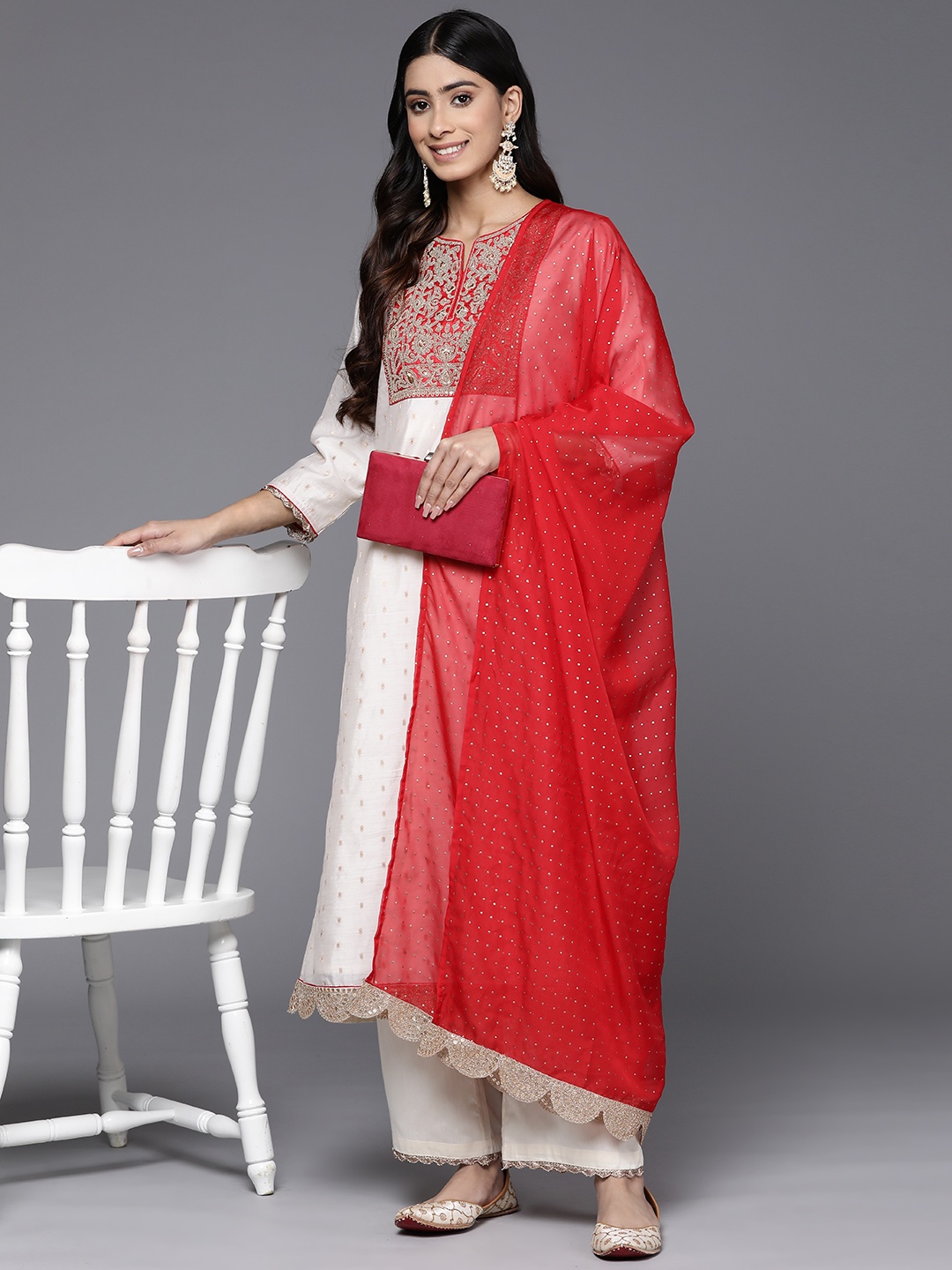 

Inddus Ethnic Motifs Embroidered Chanderi Cotton Kurta With Palazzos & Dupatta, Off white
