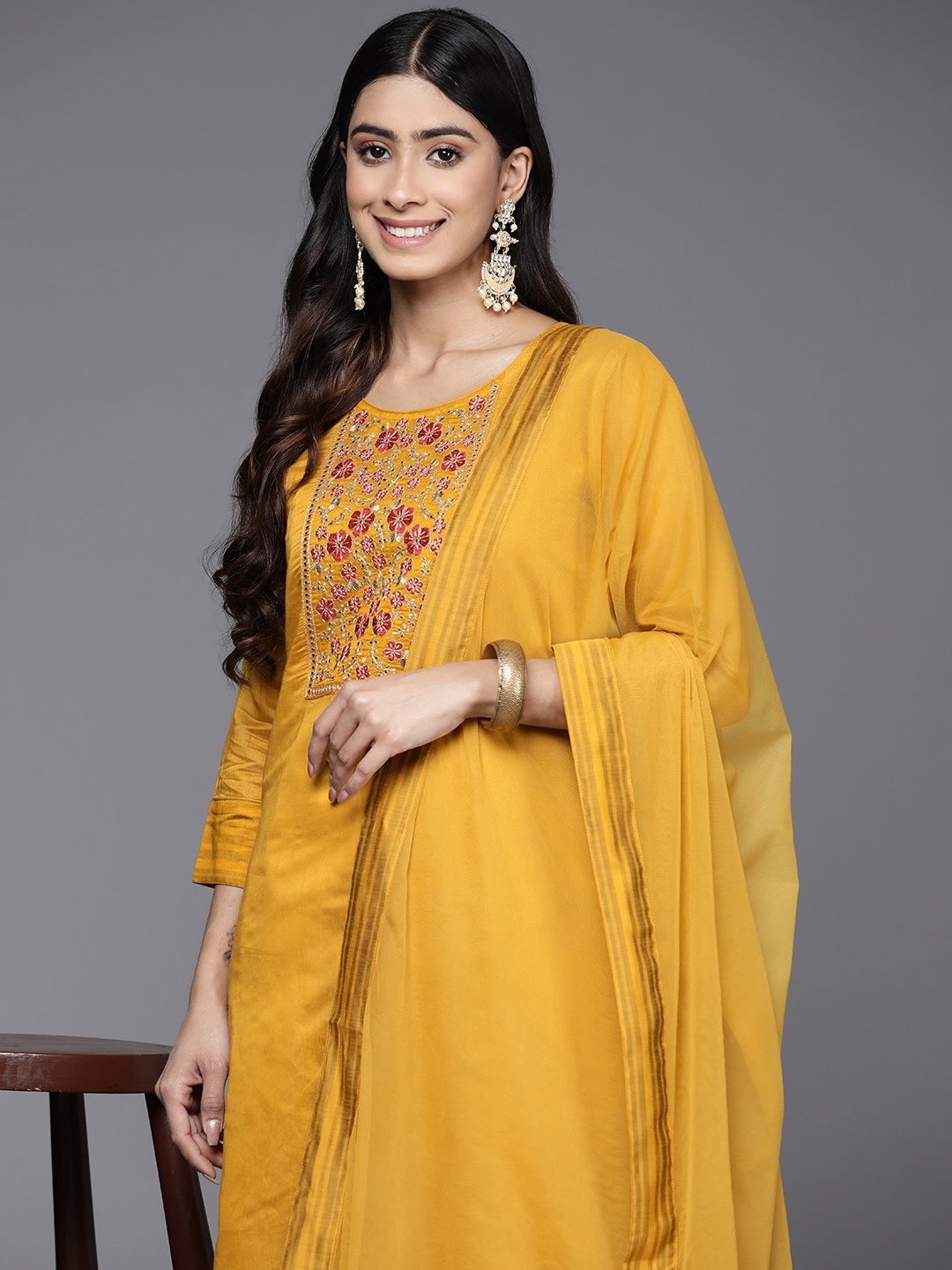 

Inddus Floral Yoke Design Chanderi Cotton Kurta With Trousers & Dupatta, Mustard