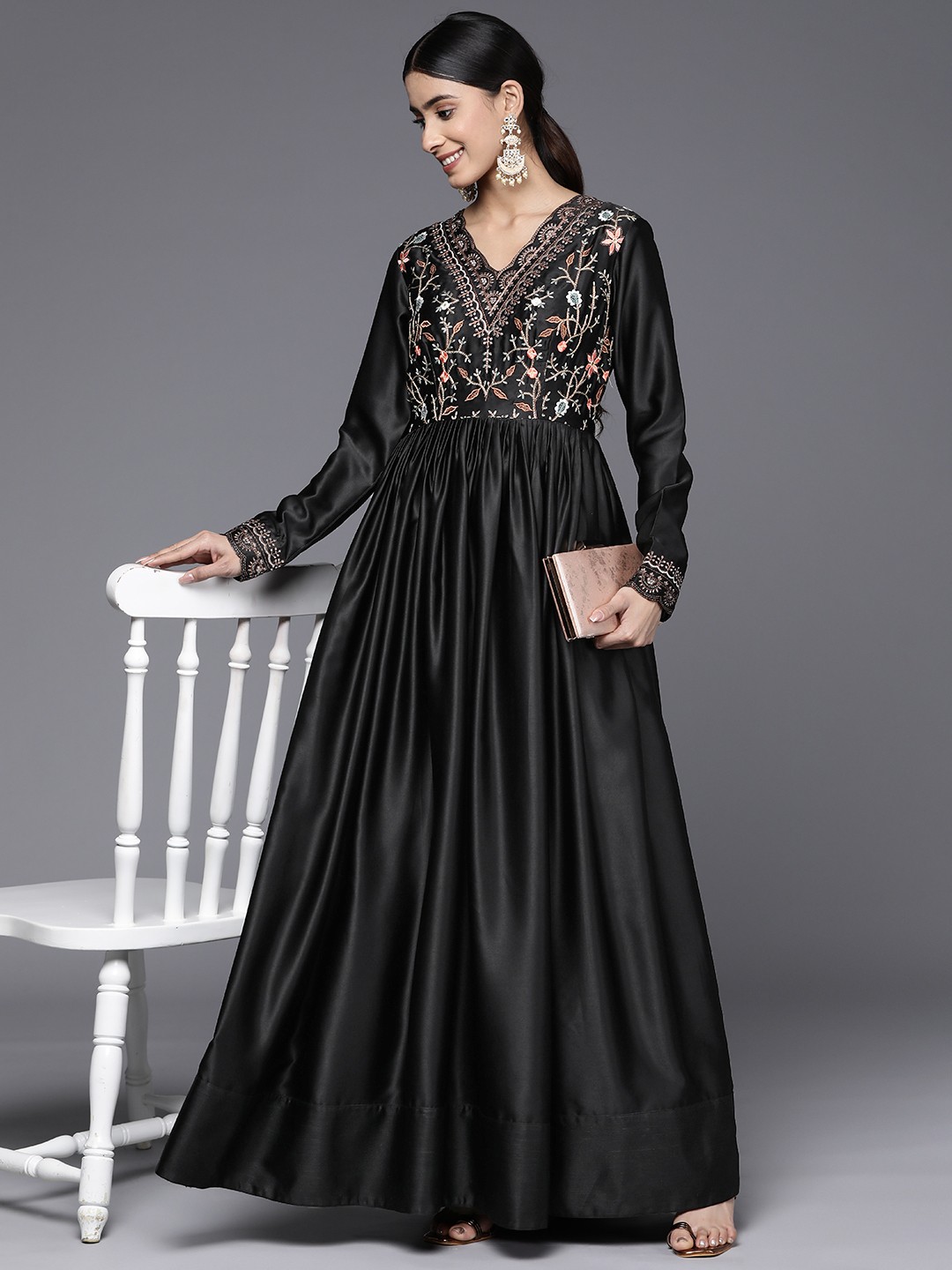 

Inddus Floral Thread Work Embroidered Satin Maxi Ethnic Dress, Black