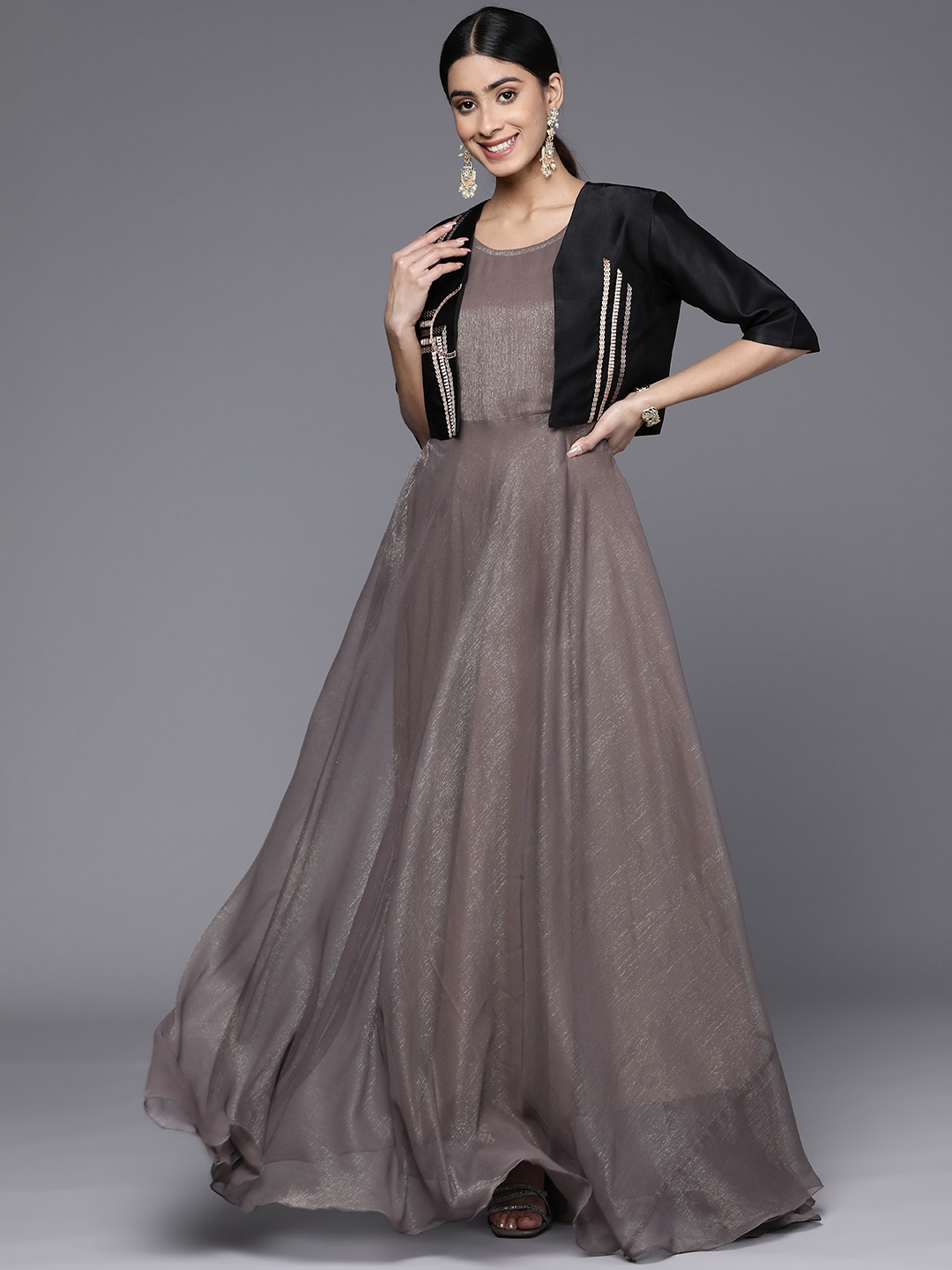 

Inddus Shimmer Ethnic Gown With Jacket, Taupe