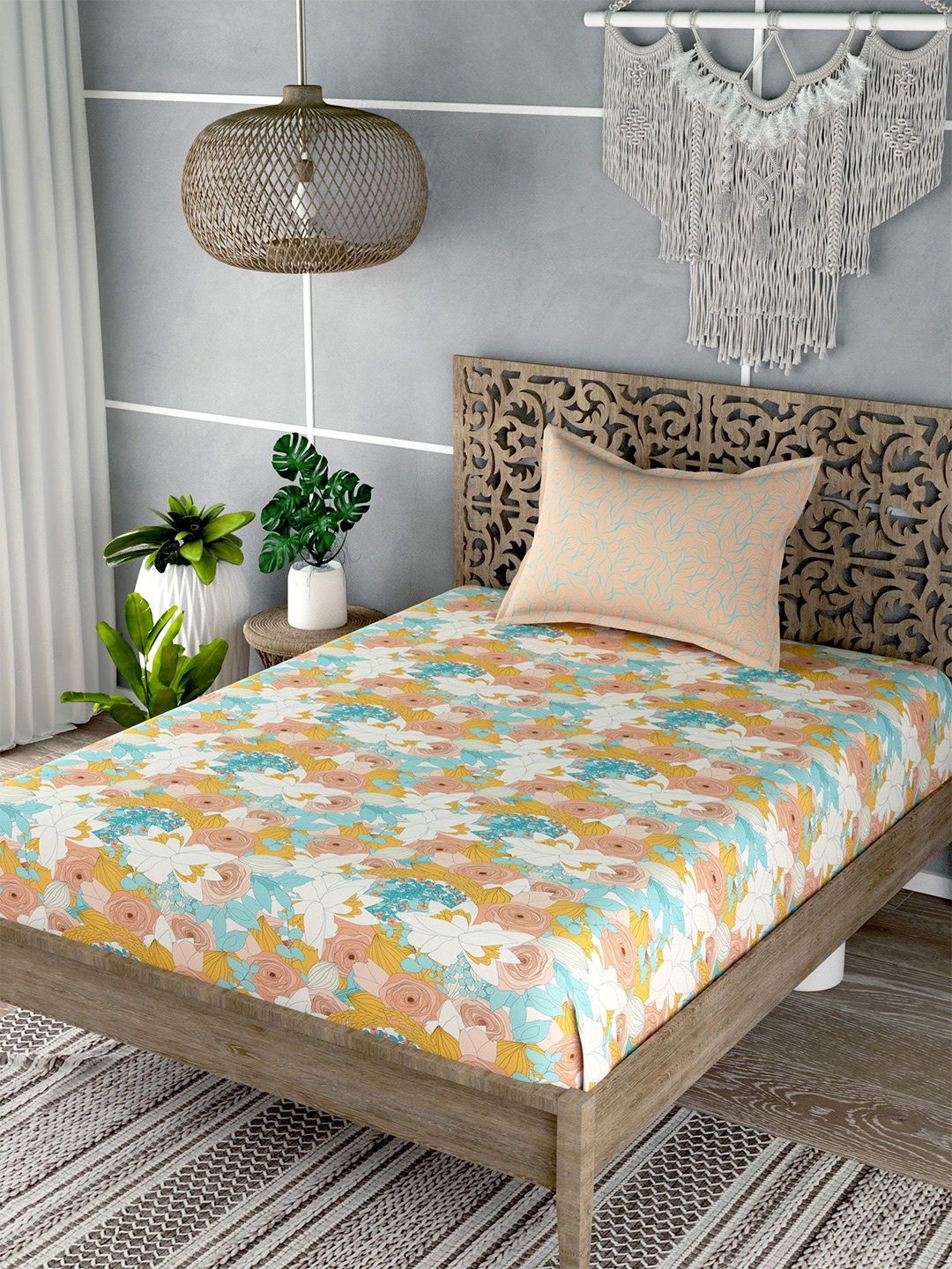 

EverHOME White & Orange Floral 180 TC Flat Cotton Single Bedsheet with 1 Pillow Cover