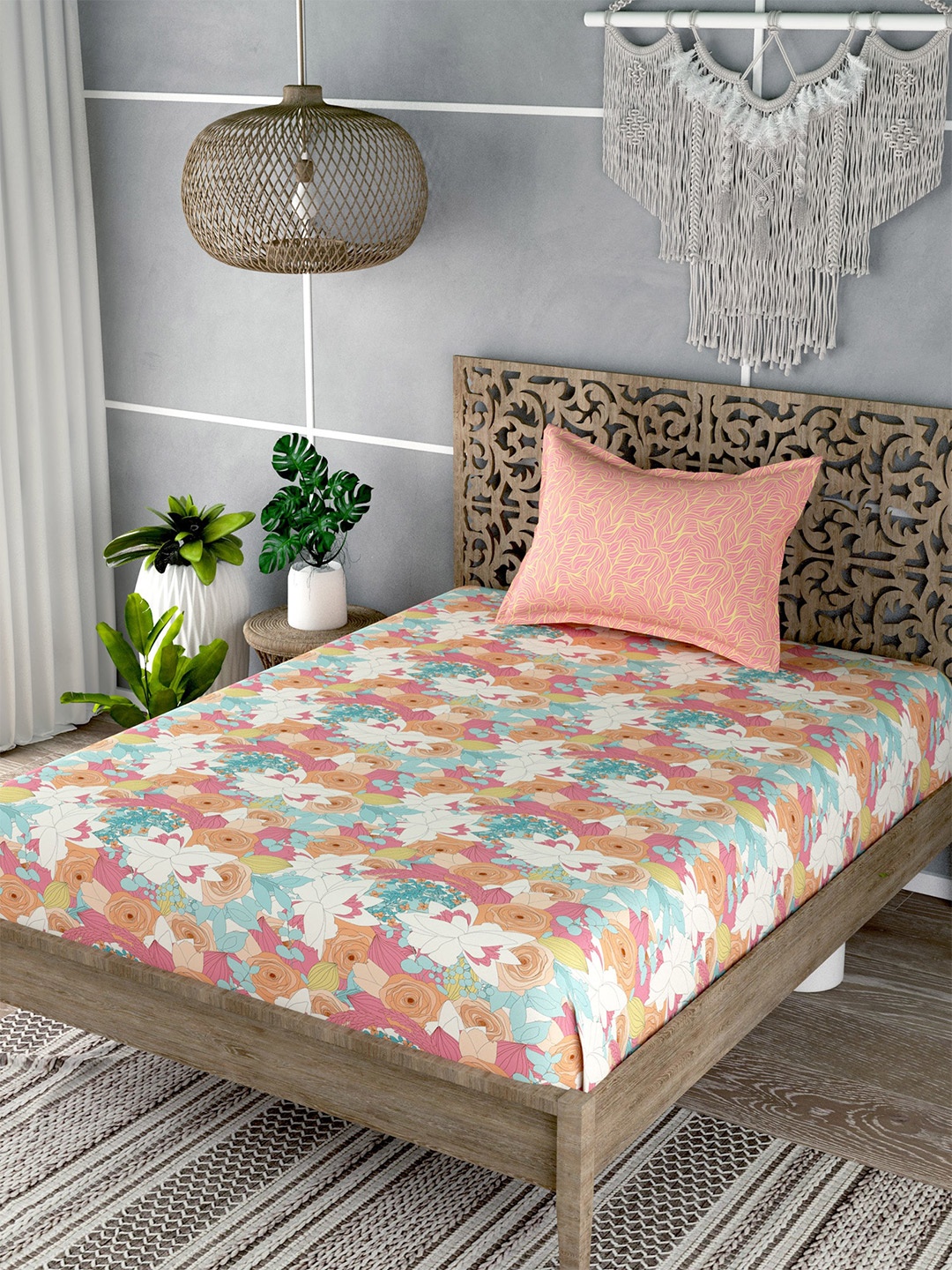 

EverHOME Pink & Blue Floral 180 TC Flat Cotton Single Bedsheet with 1 Pillow Cover