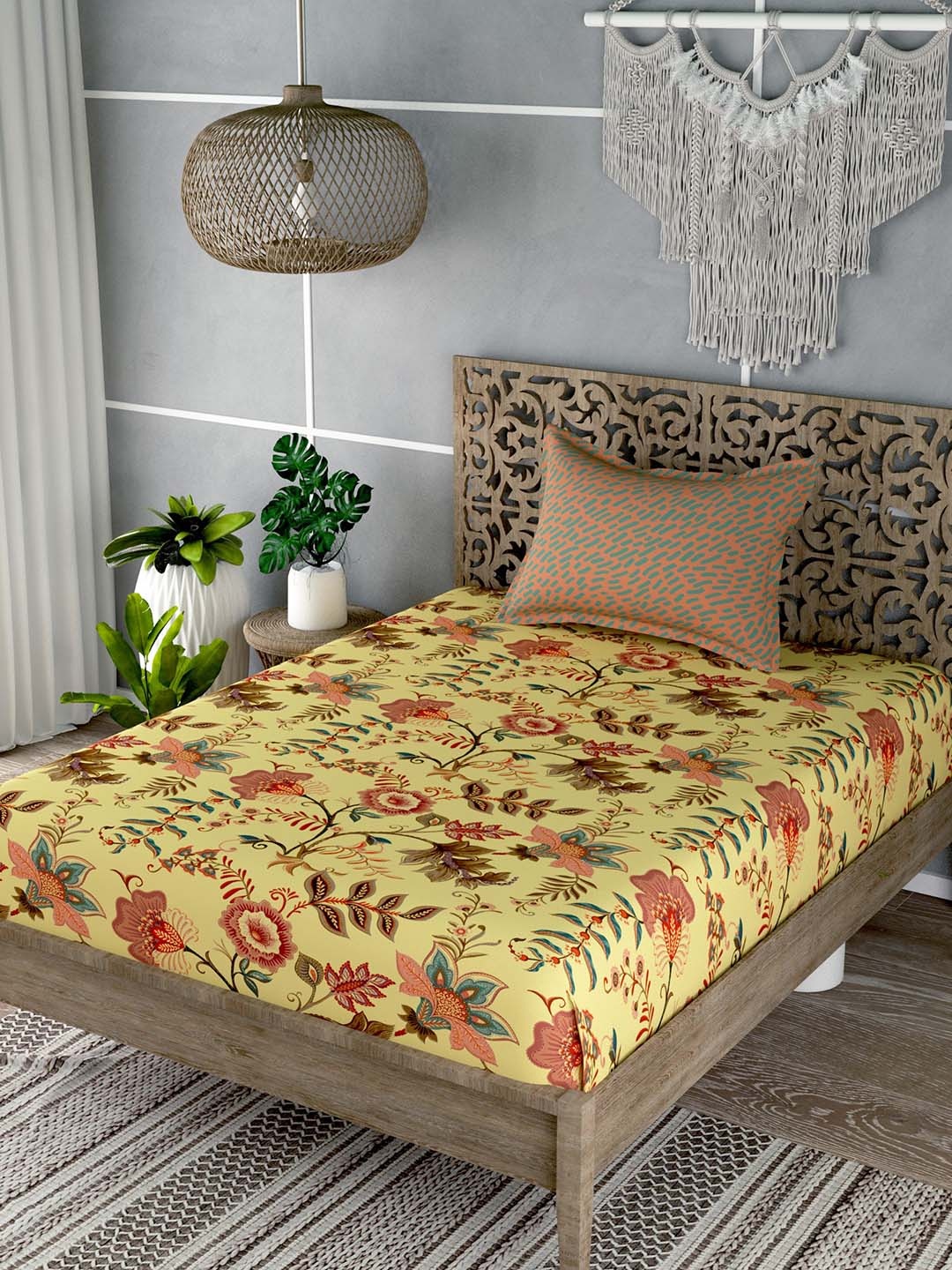 

EverHOME Yellow & Red Floral 180 TC Flat Cotton Single Bedsheet with 1 Pillow Cover