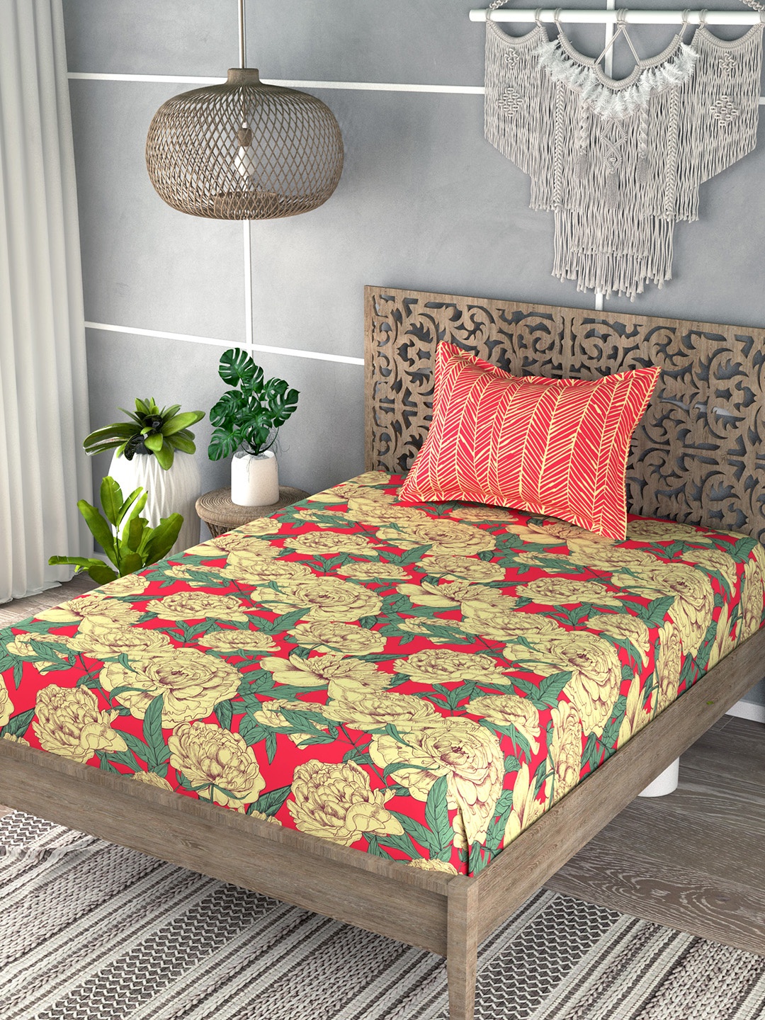 

EverHOME Yellow & Red Floral 180 TC Flat Cotton Single Bedsheet with 1 Pillow Cover