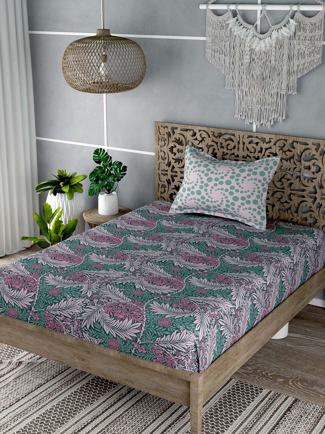 

EverHOME Pink & Green Floral 180 TC Flat Cotton Single Bedsheet with 1 Pillow Cover