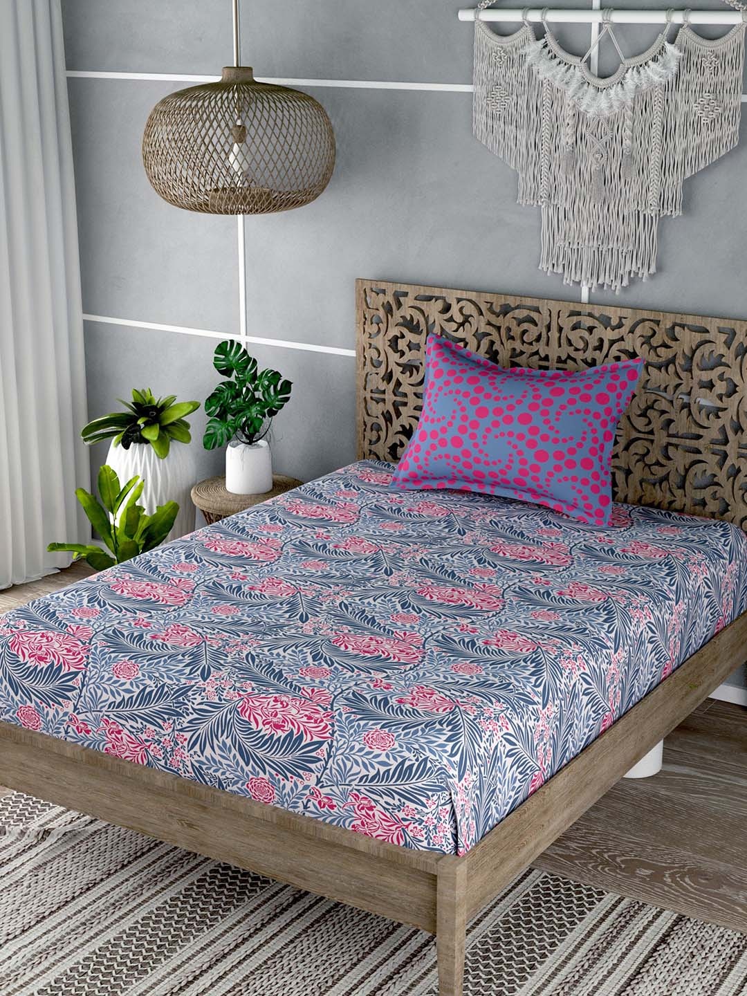 

EverHOME Blue & Pink Floral 180 TC Flat Cotton Single Bedsheet with 1 Pillow Cover