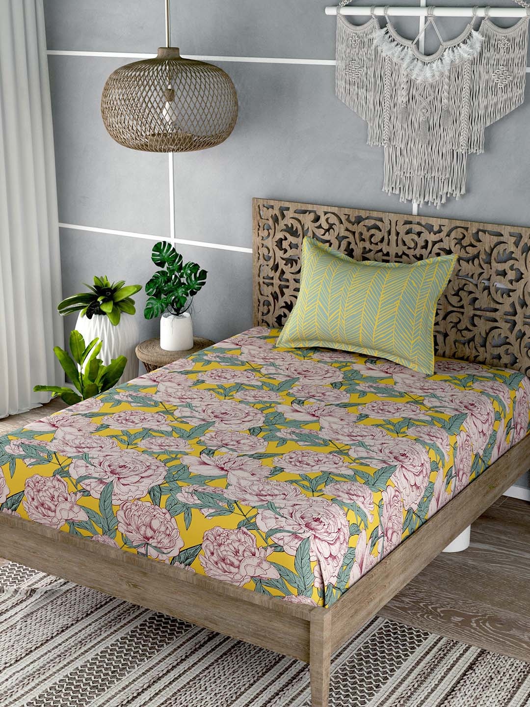 

EverHOME Yellow & Green Floral 180 TC Floral Single Bedsheet with 1 Pillow Cover