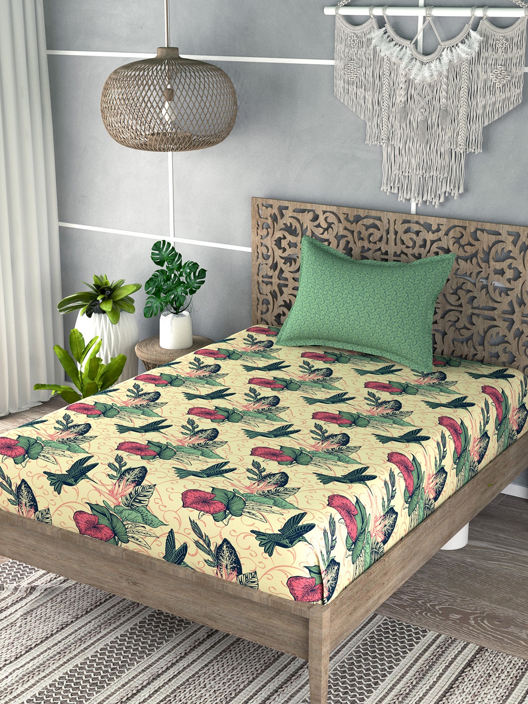 

EverHOME Yellow & Green Floral 180 TC Flat Cotton Single Bedsheet with 1 Pillow Cover