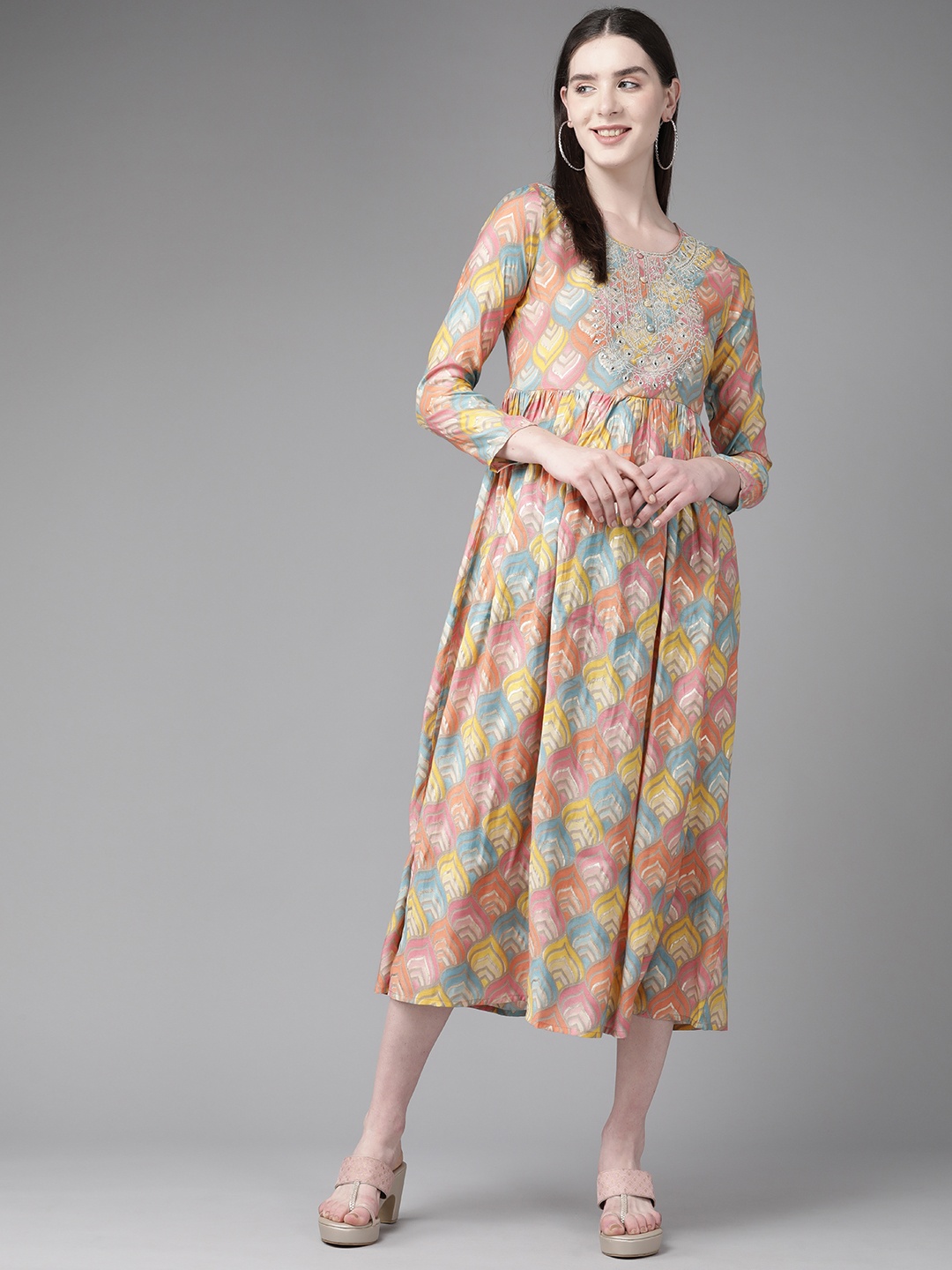 

Prakrti V-Neck Floral Print Midi Dress With Mirror work, Peach