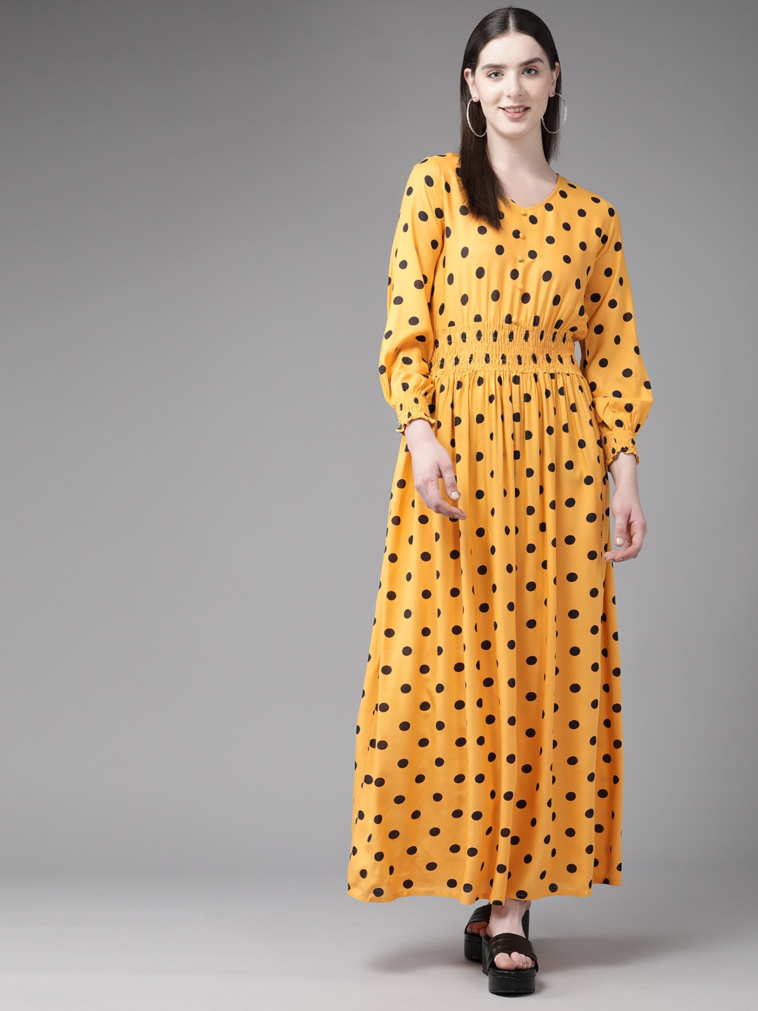 

Prakrti Polka Dot Print A-Line Maxi Dress With Smocked Detail, Yellow