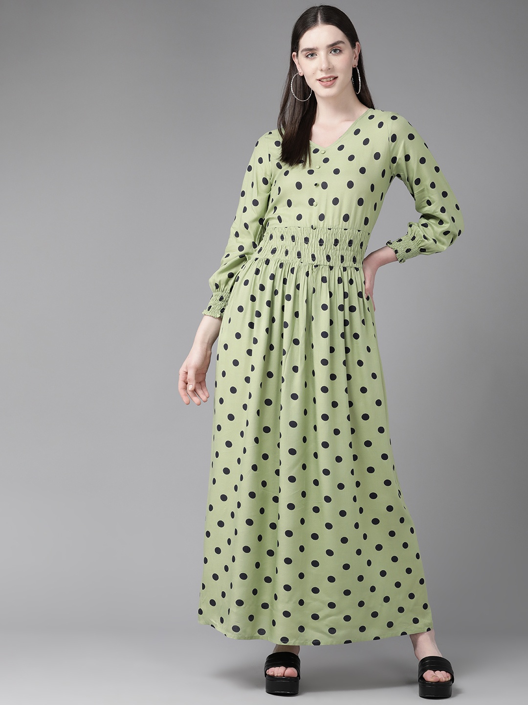 

Prakrti V-Neck Polka Dot Print A-Line Maxi Dress, Green