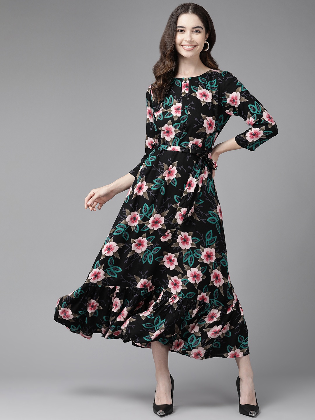 

Prakrti Round Neck Floral Print Midi Dress, Black
