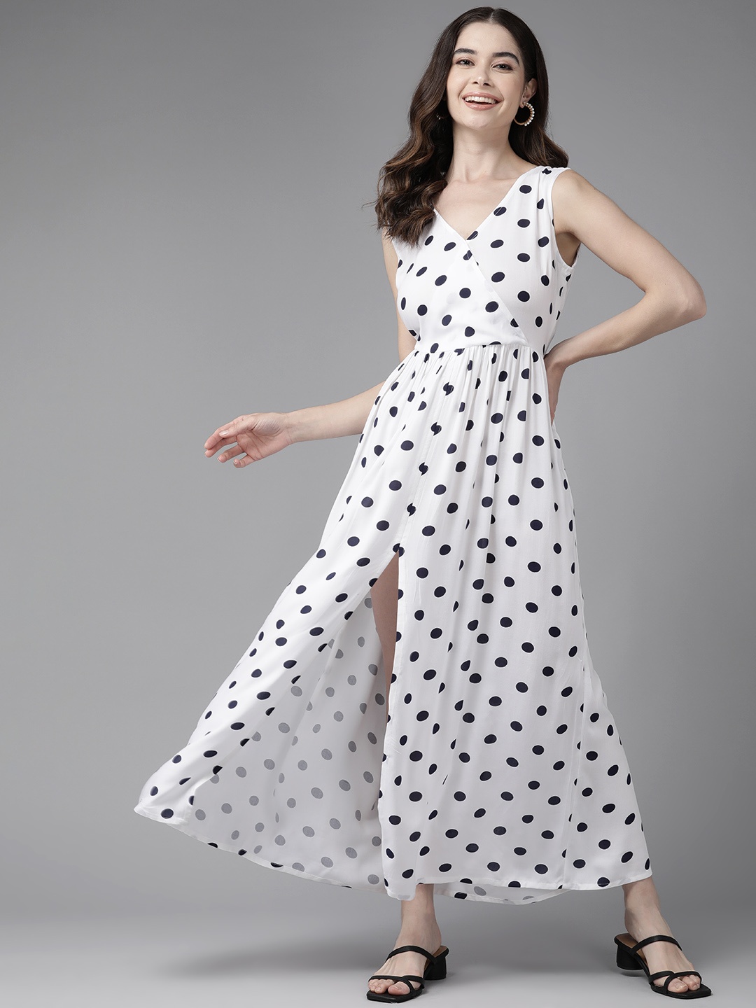 

Prakrti V-Neck Polka Dot Print A-Line Maxi Dress, White