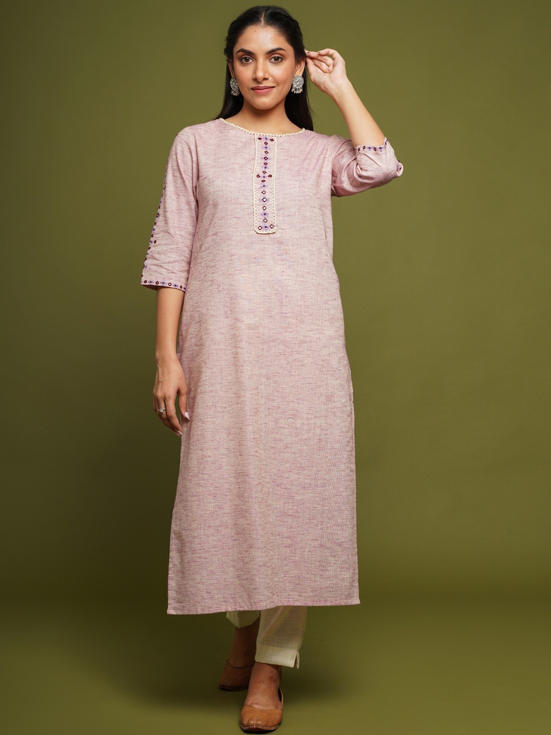 

FLAMBOYANT Woven Design Mirror Work Pure Cotton Kurta with Palazzos, Pink