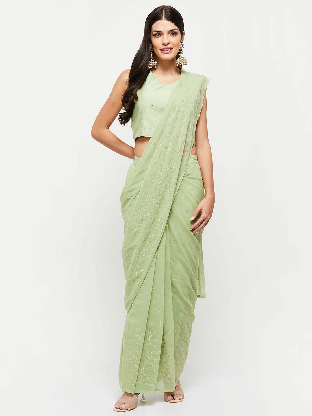 

max Ethnic Motif Embroidered Saree, Lime green