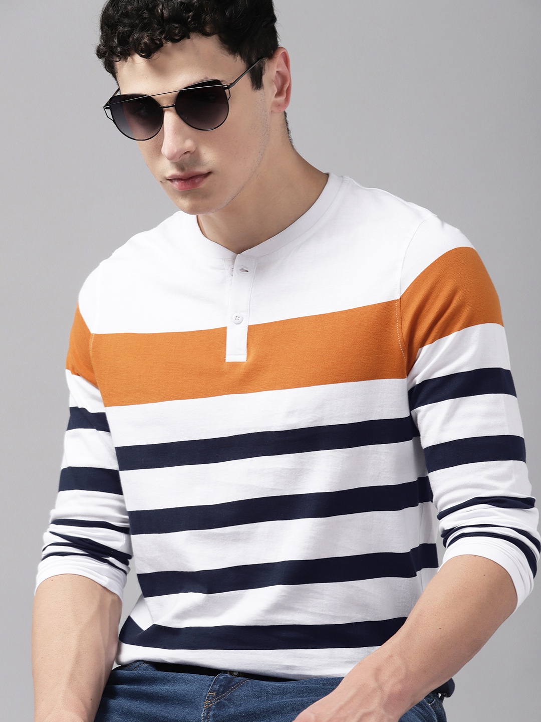 

Roadster Striped Henley Neck Striped Pure Cotton T-shirt, White