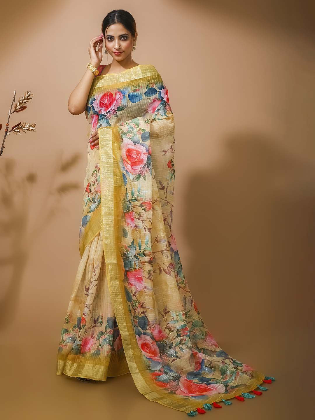 

elora Floral Printed Emblished Pure Linen Bhagalpuri Saree, Yellow