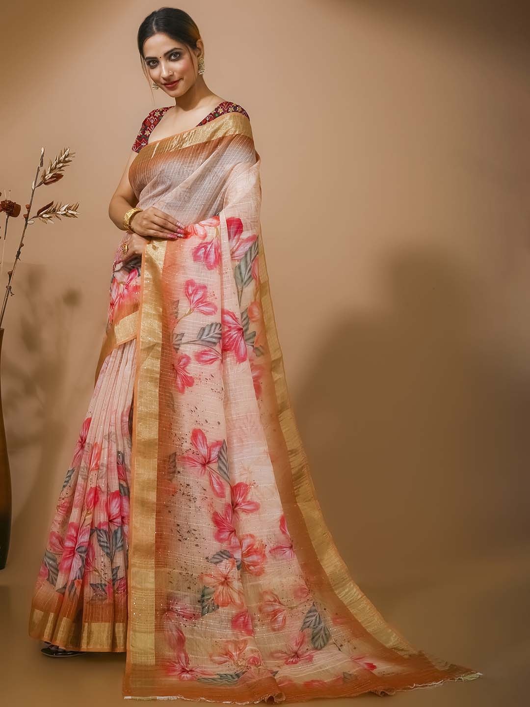 

elora Floral Printed Zari Pure Linen Bhagalpuri Saree, Pink