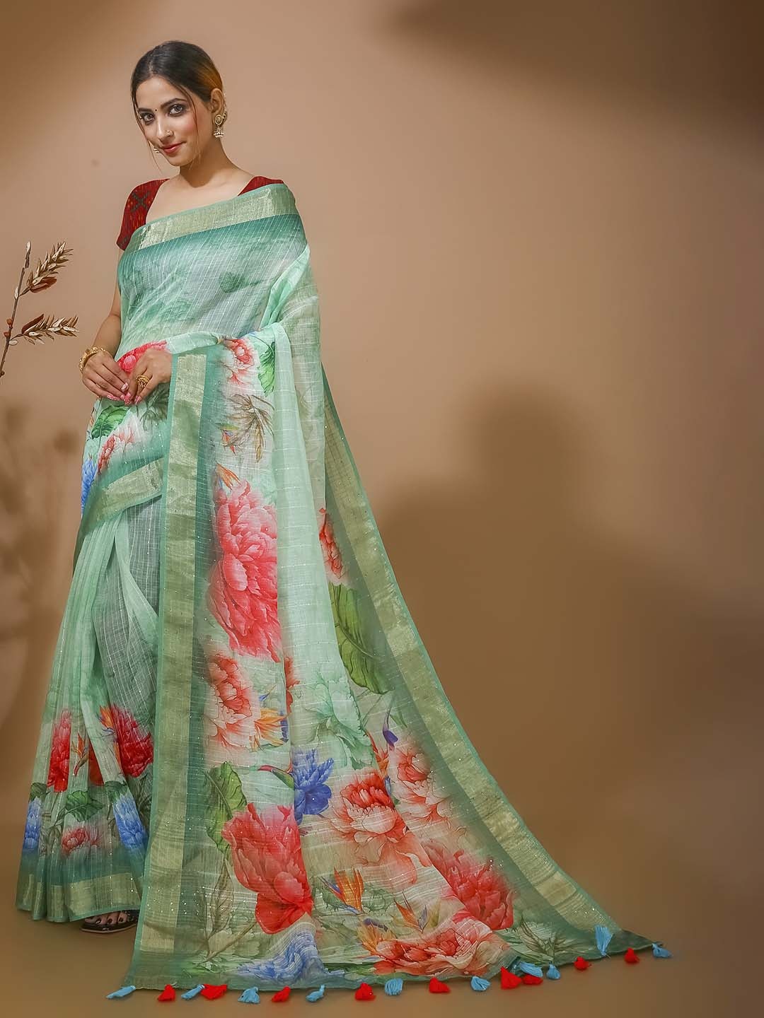 

elora Floral Printed Pure Linen Bhagalpuri Saree, Sea green