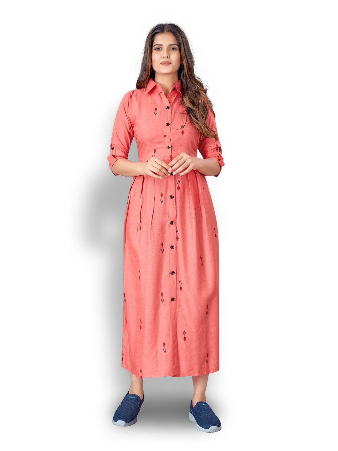

Shubhangini Fashion Ethnic Motif Printed Roll up Sleeves Shirt Maxi Dress, Peach