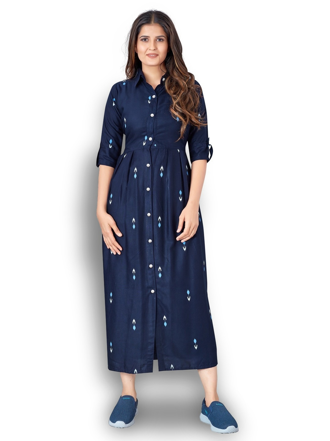 

Shubhangini Fashion Printed Roll-Up Sleeves Shirt Maxi Dress, Blue