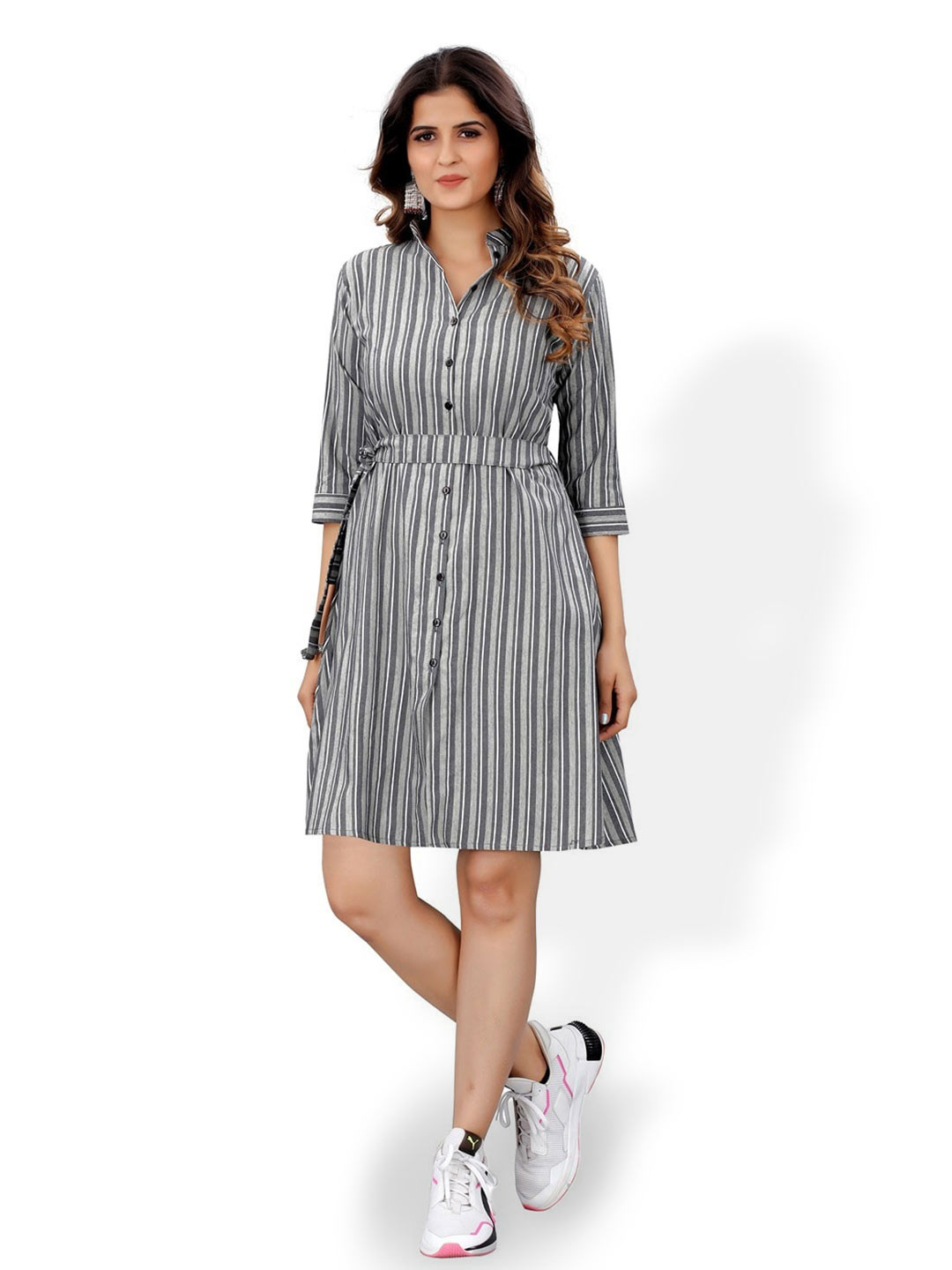 

Shubhangini Fashion Striped Shirt Collar Cotton Shirt Dress, Grey