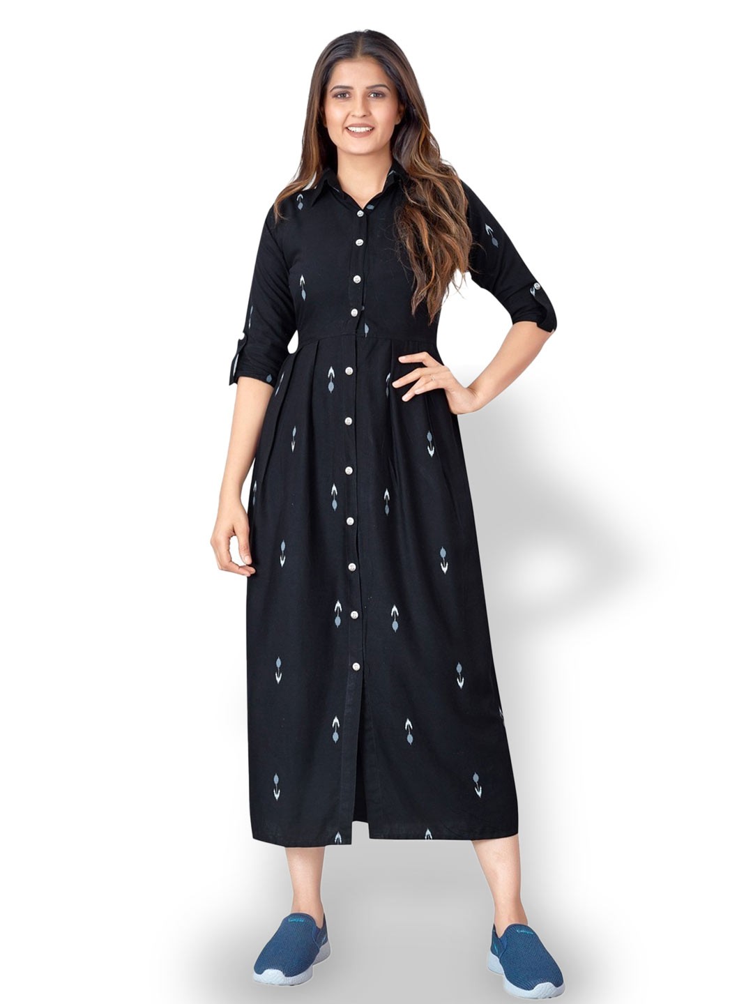 

Shubhangini Fashion Roll- Up Sleeve Printed Shirt Midi Dress, Black