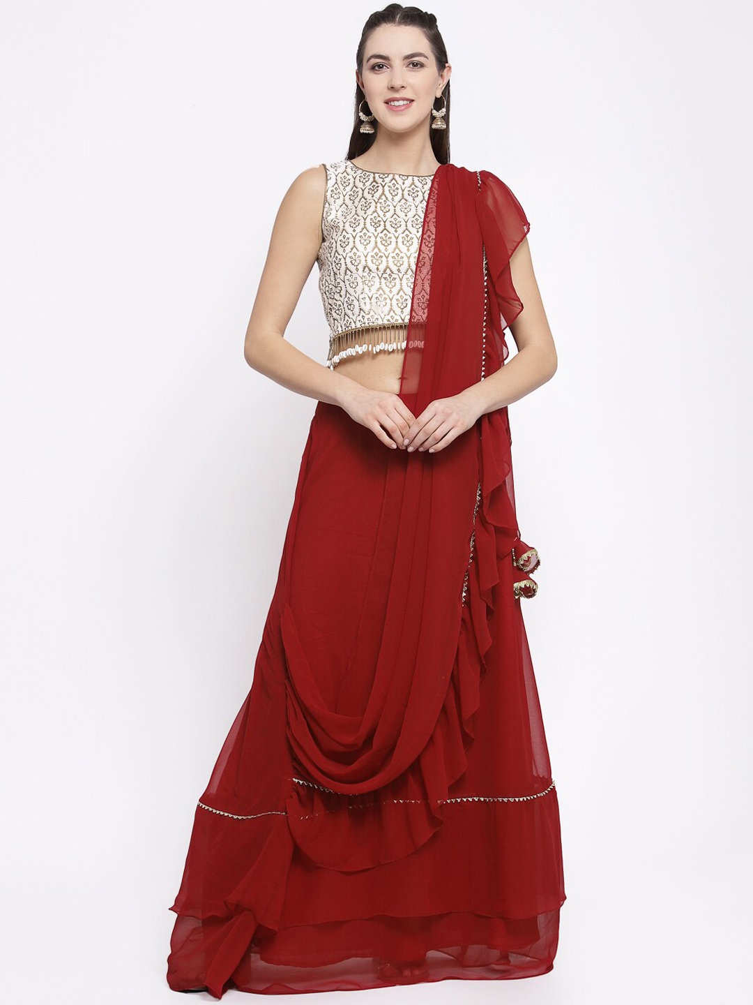 

studio rasa Maxi-Length Tiered Skirt With Attached Dupatta, Maroon