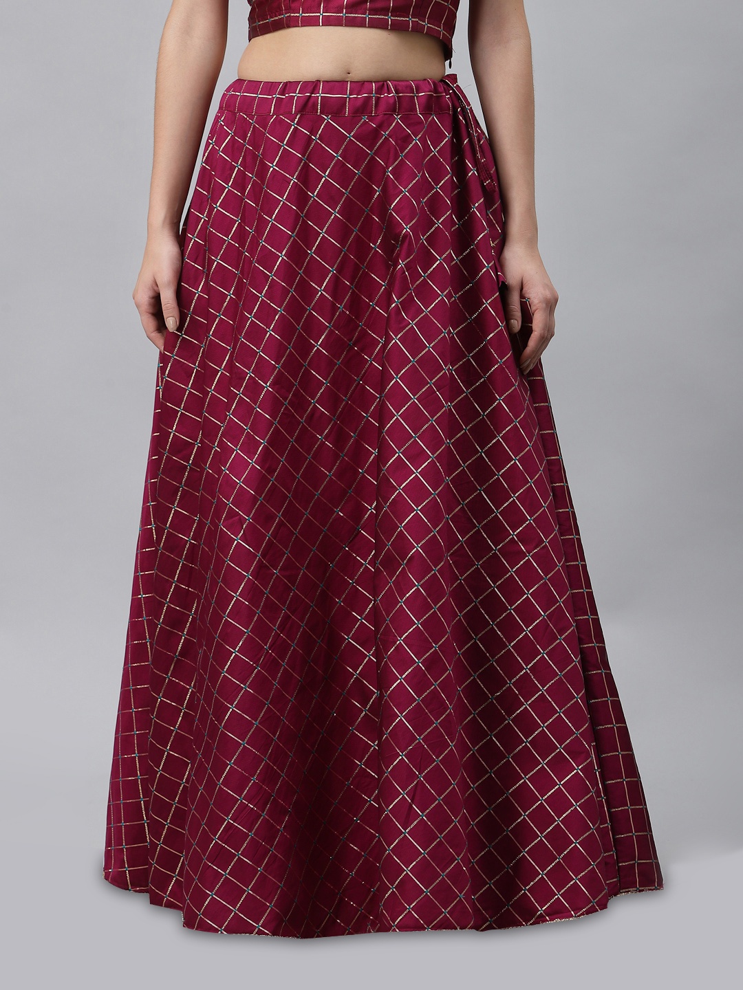 

studio rasa Checked & Embellished Maxi Skirt, Burgundy