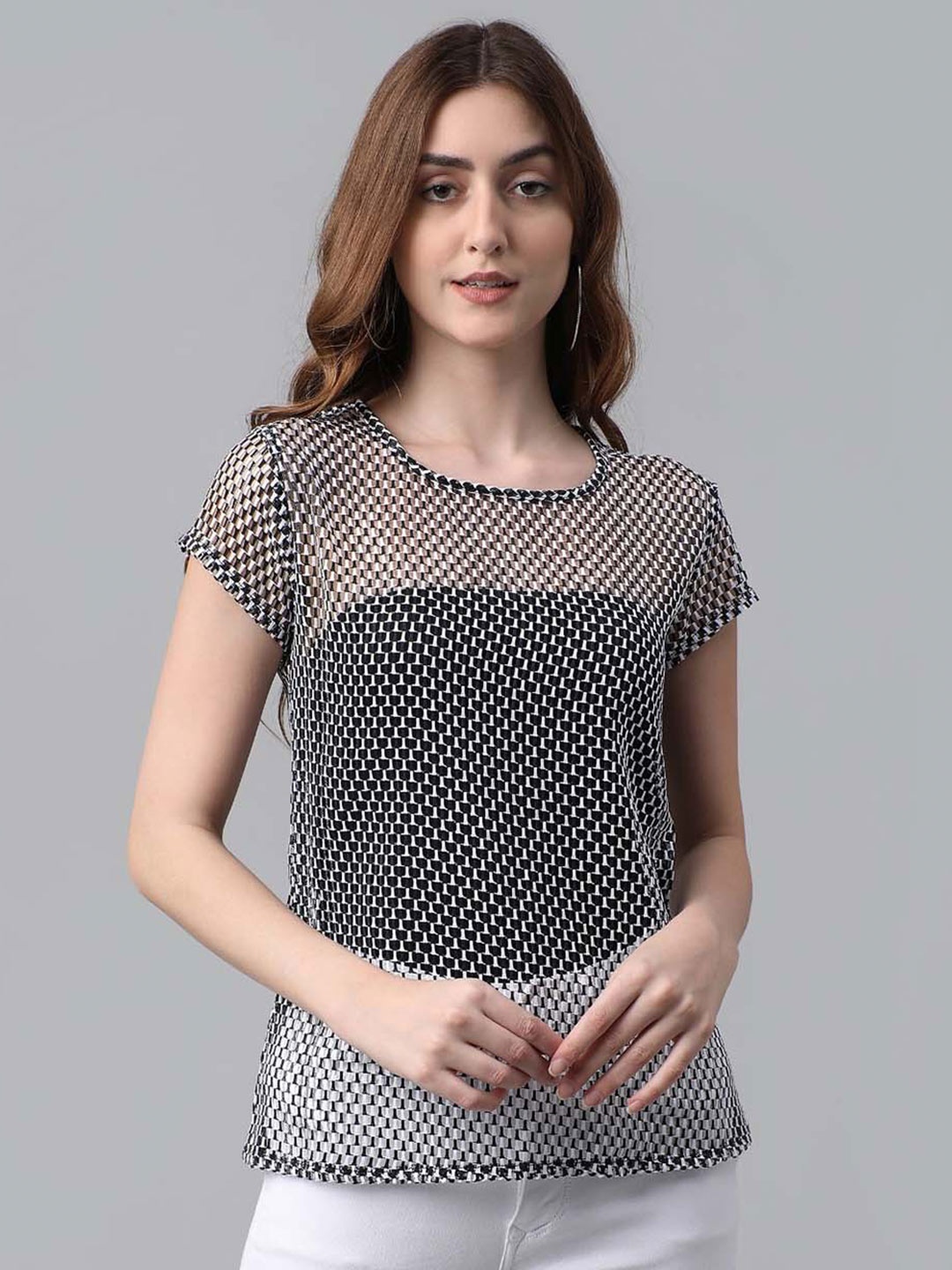 

Darzi Geometric Print Sheer Top, Black