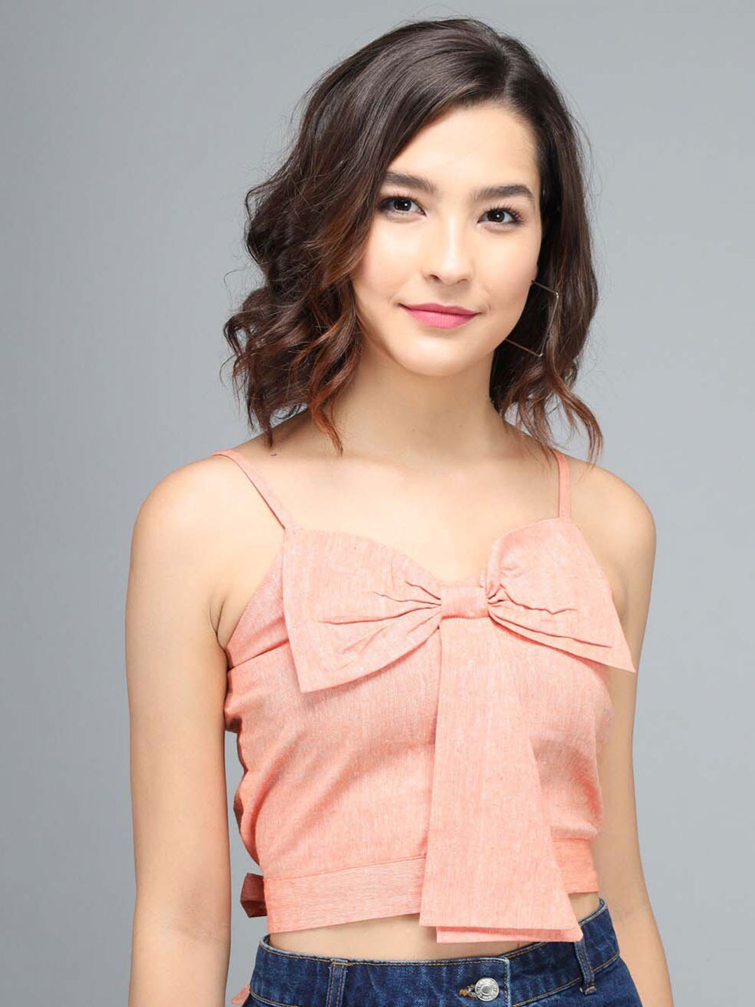 

Darzi Shoulder Strap Bow Detail Pure Cotton Crop Top, Peach