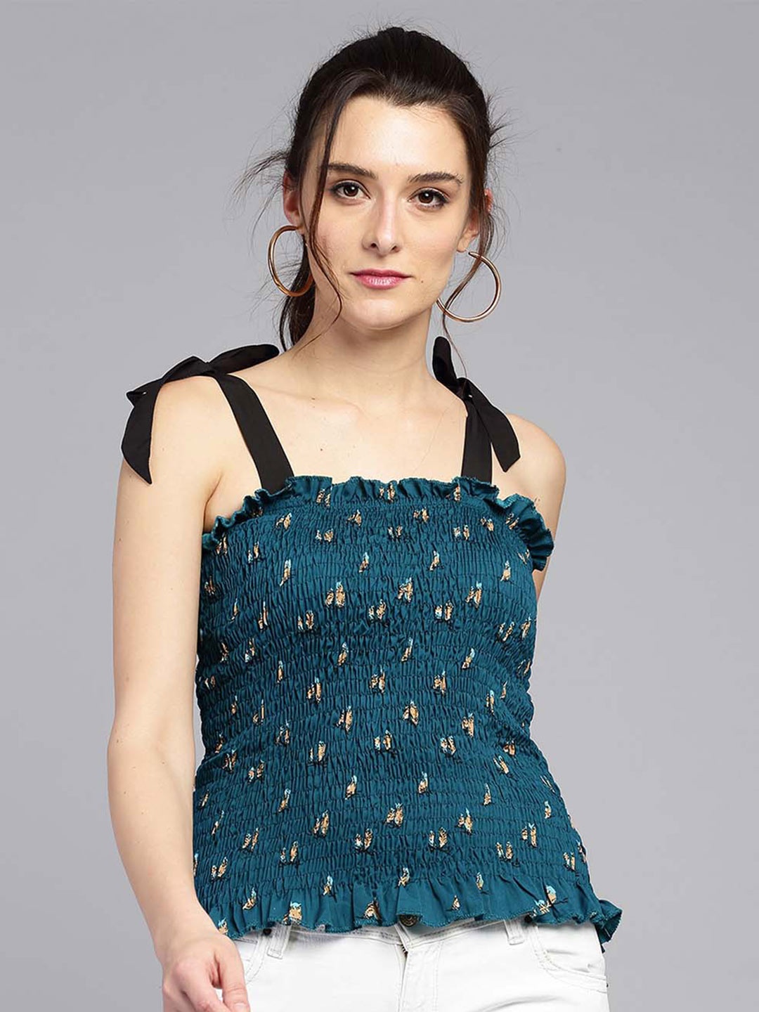 

Darzi Floral Print Smocked Crepe Top, Teal