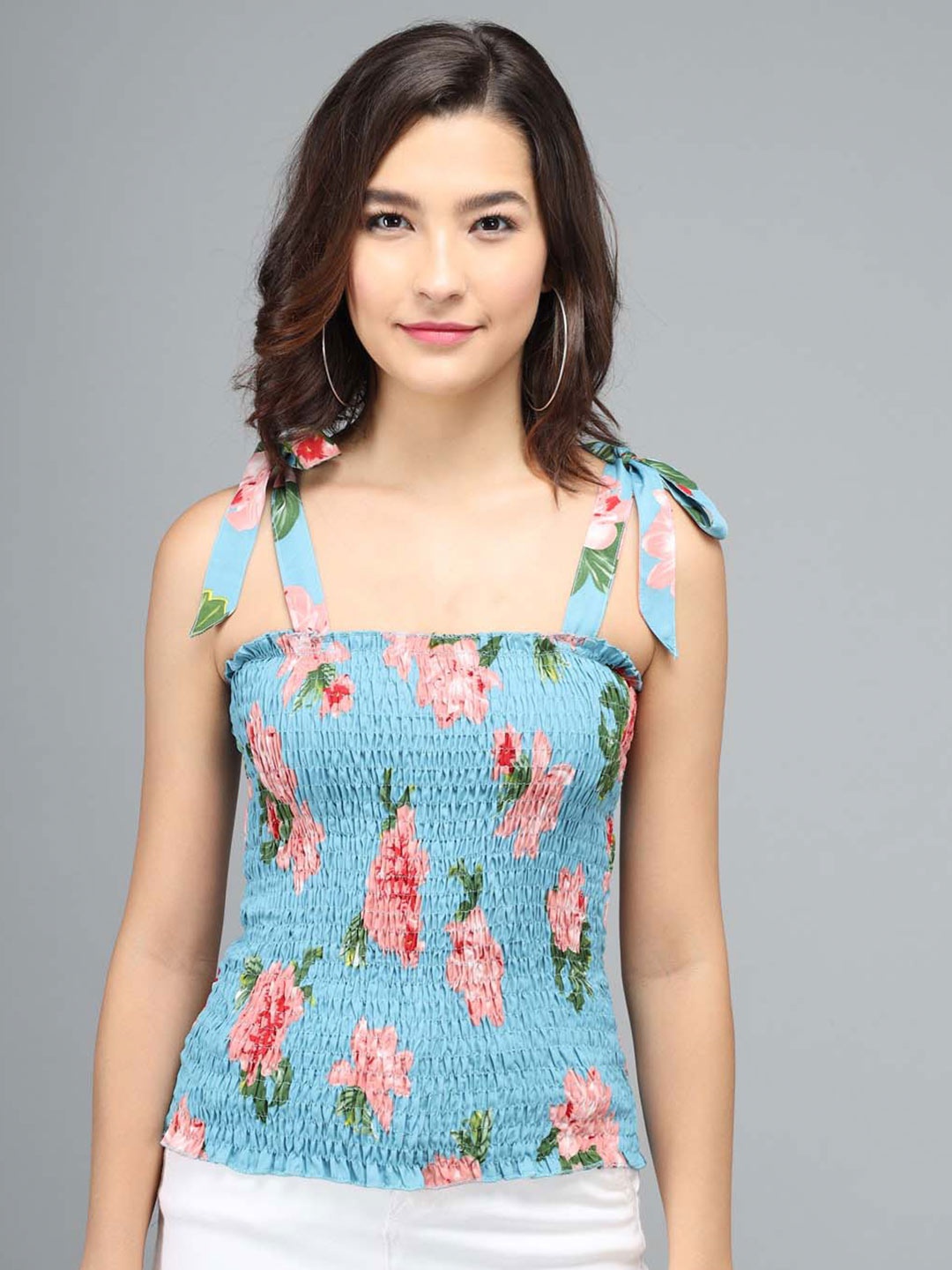 

Darzi Shoulder Straps Smocked Floral Printed Pure Cotton Crepe Top, Blue