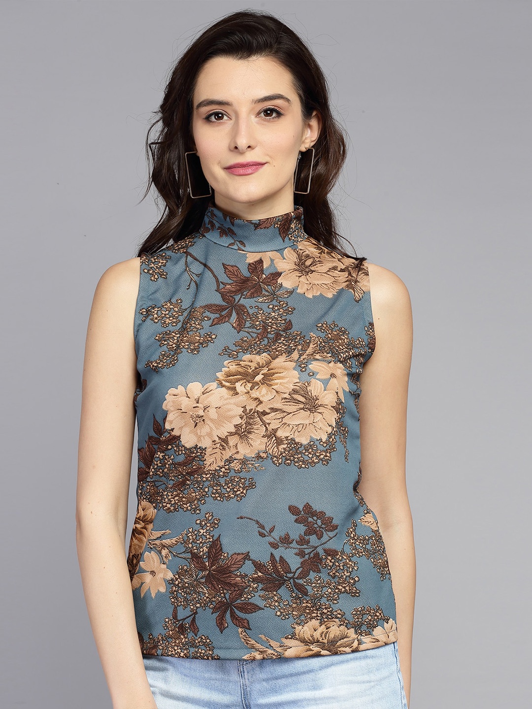 

Darzi Floral Printed High Neck Crepe Top, Blue