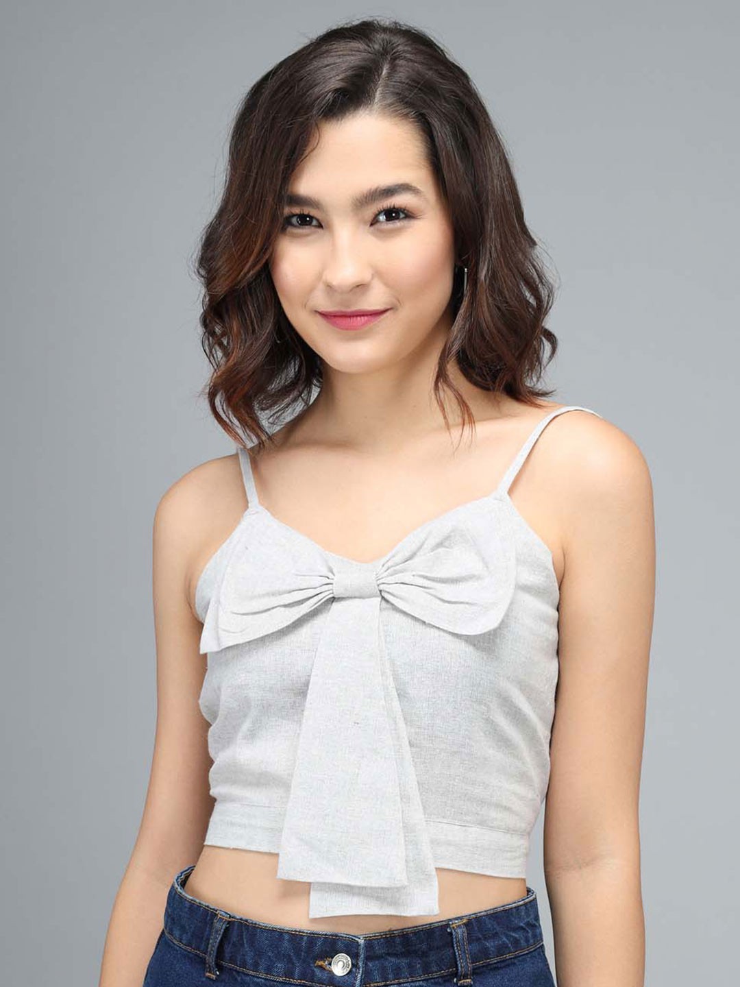 

Darzi Shoulder Strap Pure Cotton Crop Top, Grey
