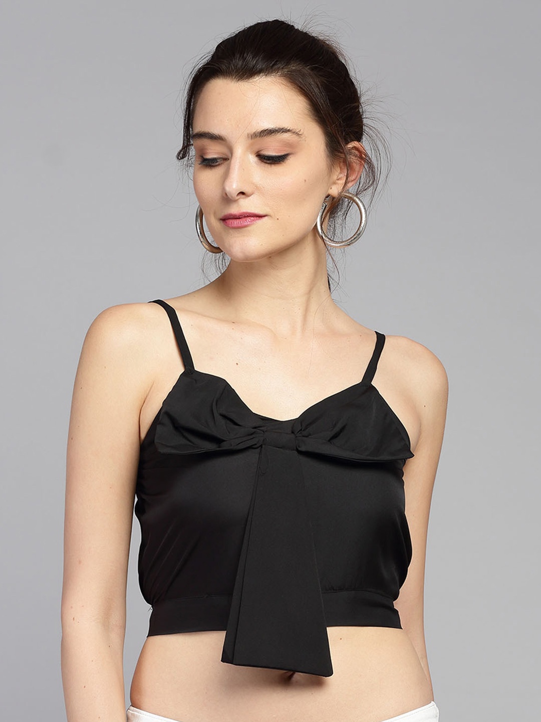 

Darzi Shoulder Straps Crepe Crop Top, Black