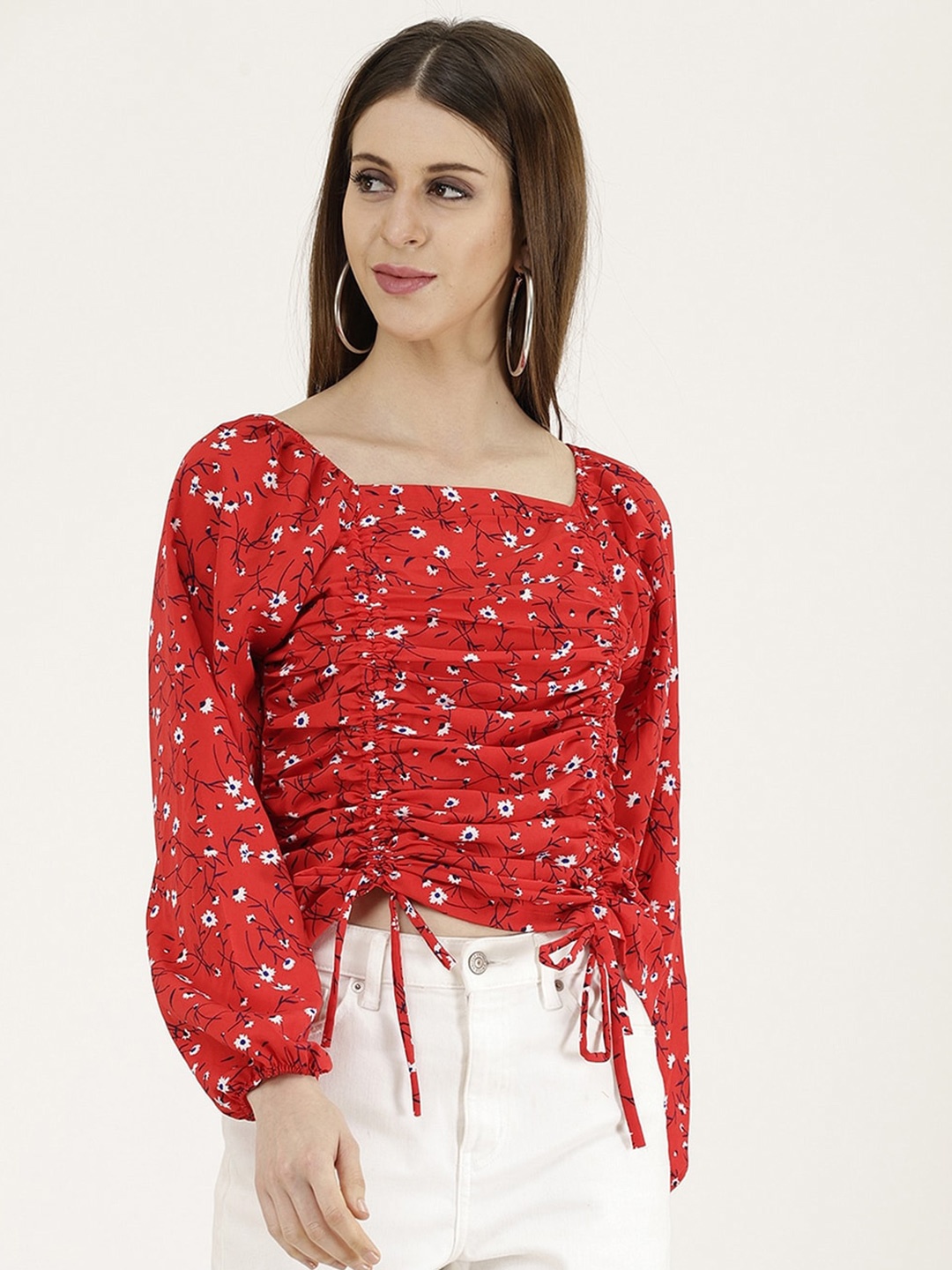

Darzi Floral Print Ruched Crop Top, Red