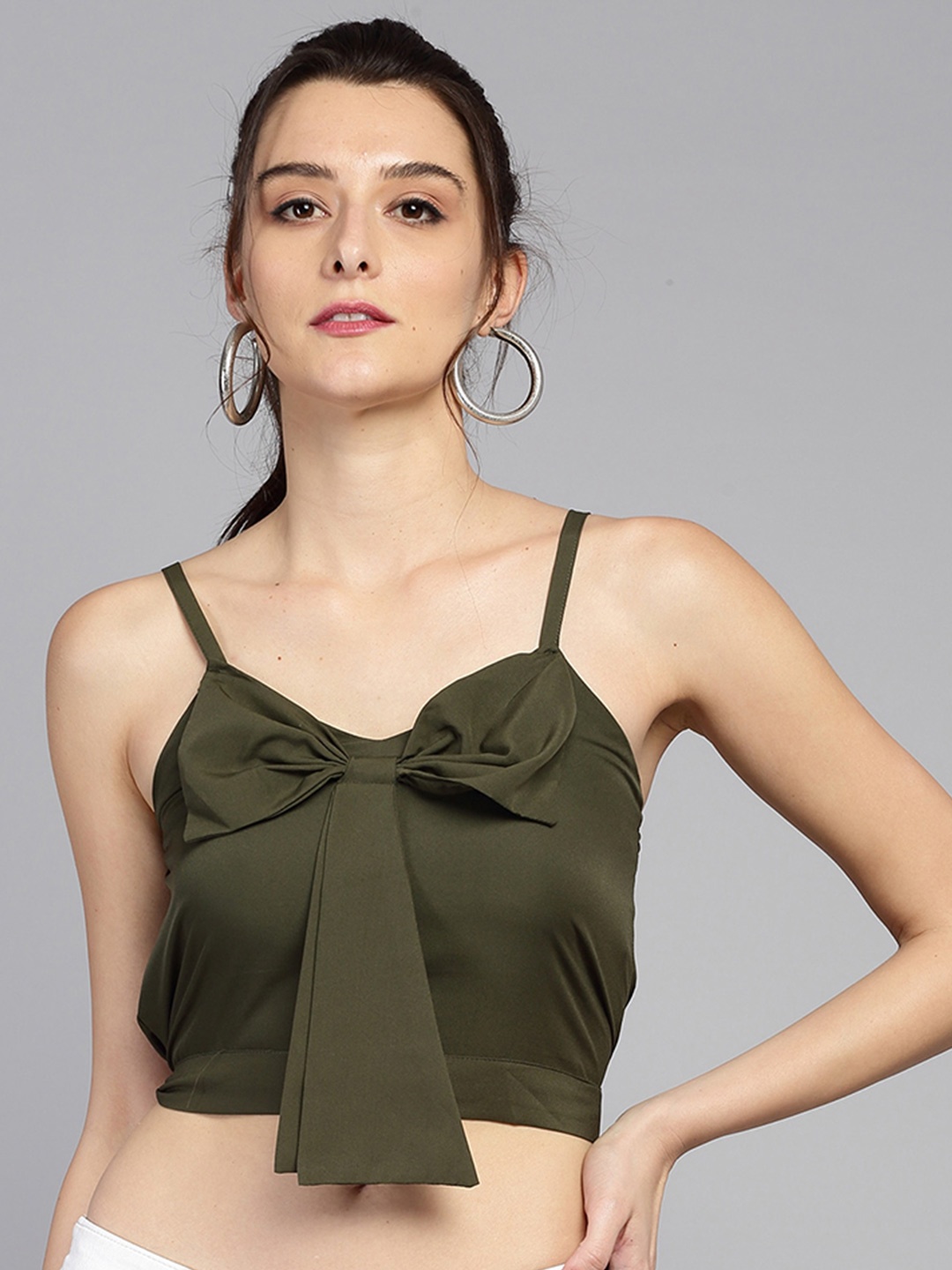 

Darzi Bow Detail Shoulder Straps Crop Top, Olive