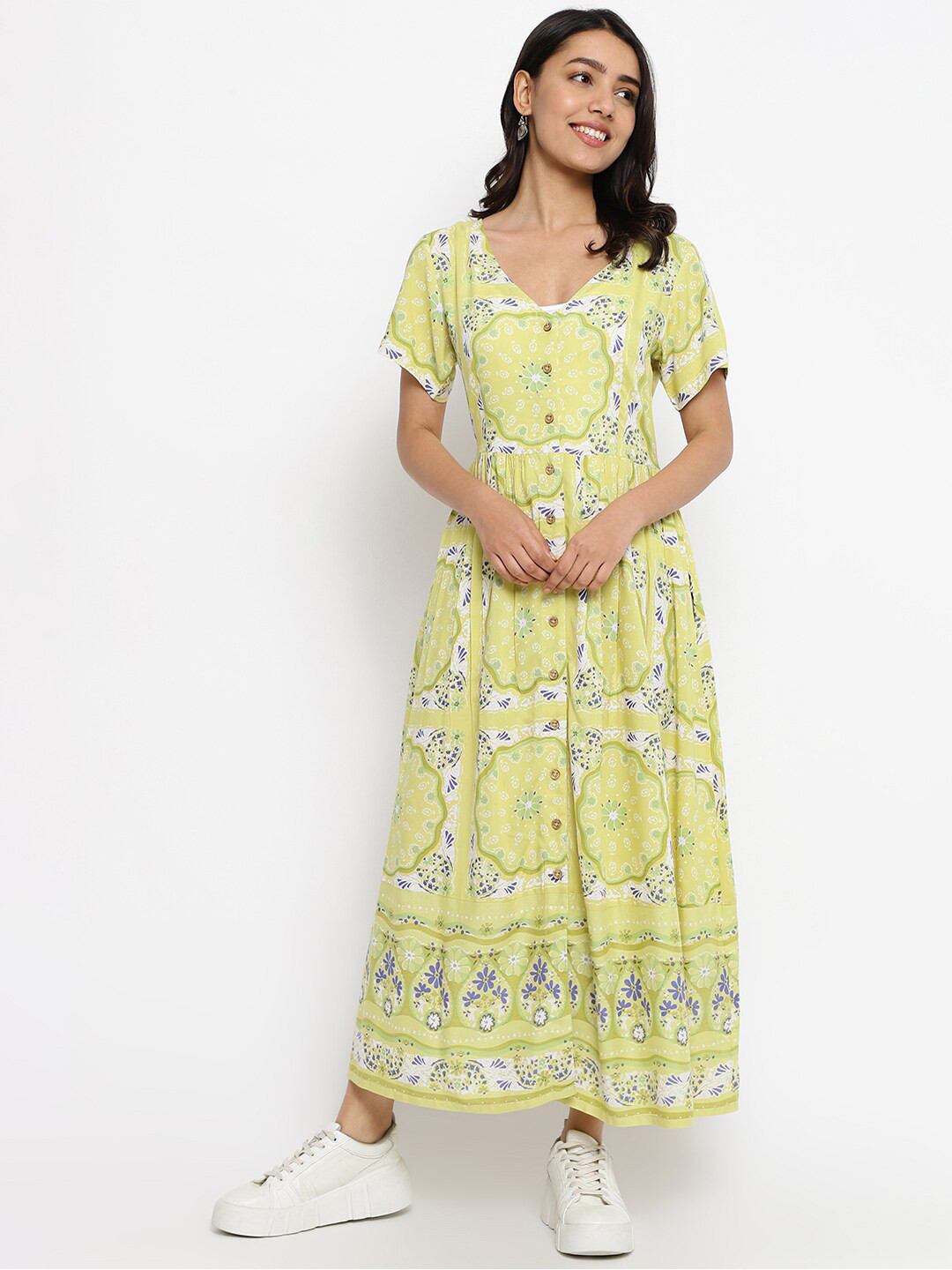 

Fabindia Floral Printed V-Neck Midi Fit & Flared Dress, Mustard